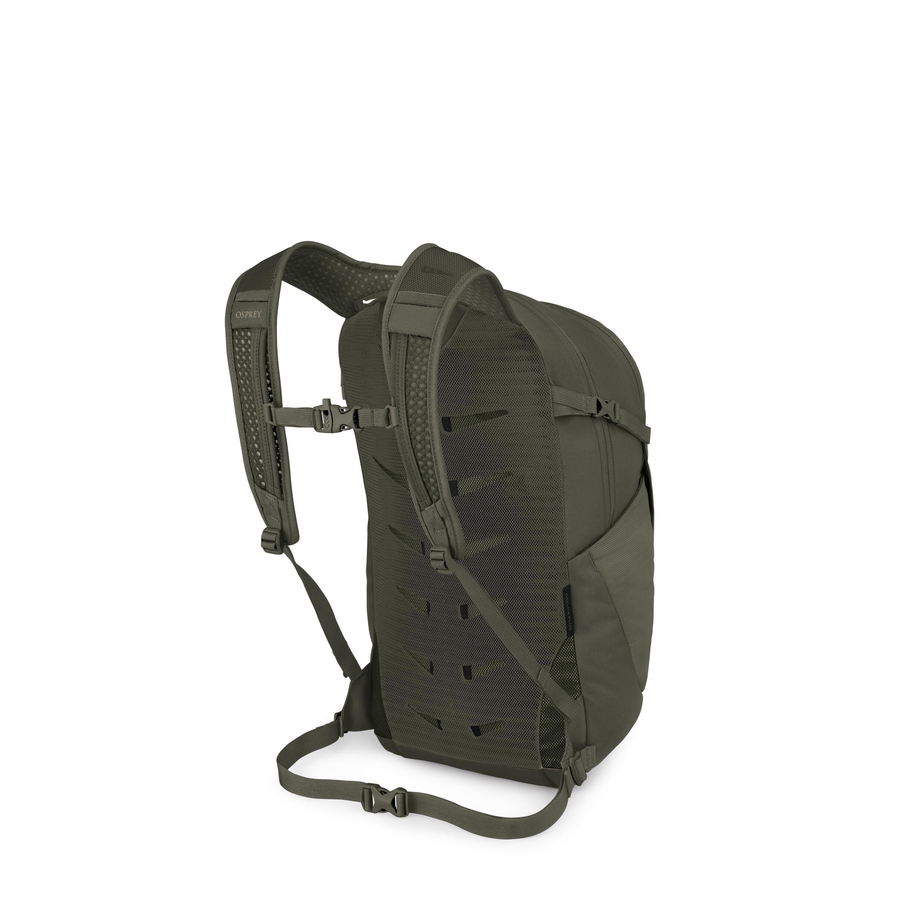 The images show a dark green Osprey backpack photographed from the back and several exploded views of its components. The pack features breathable, perforated shoulder straps with a sternum strap, a thin hip belt, and a ventilated mesh back panel with cut