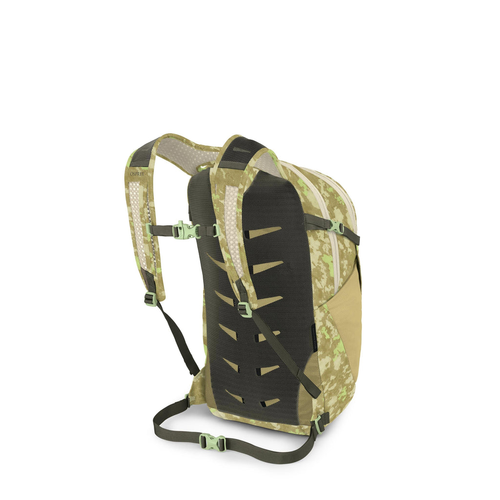 The image shows a hiking backpack in a green digital-camouflage pattern viewed from the back. It features padded shoulder straps with breathable mesh, an adjustable sternum strap, and a waist strap for stability. The back panel has a large black ventilate