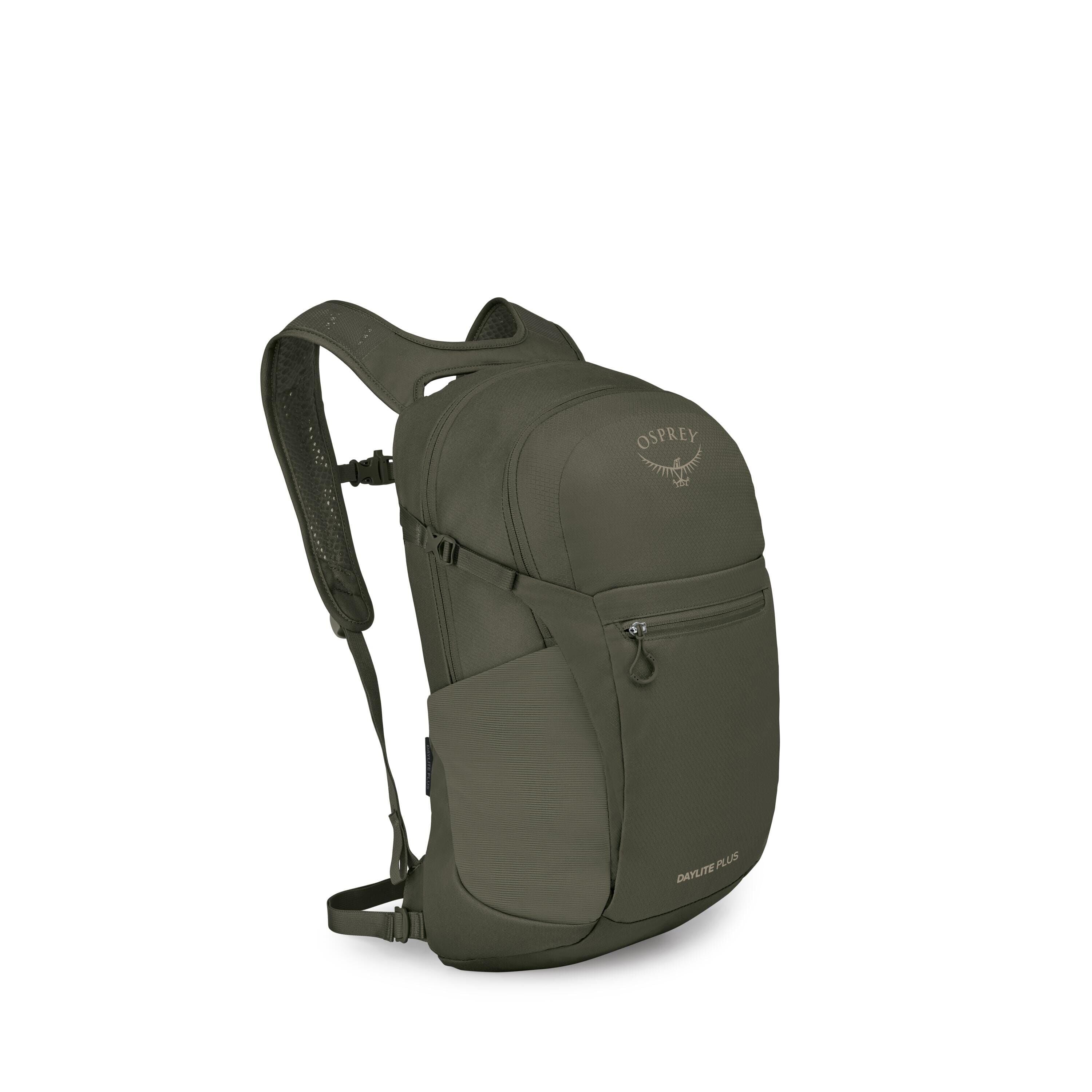 A compact olive-green Osprey backpack is shown from a three-quarter angle. The bag features two main zippered compartments, a smaller front zip pocket with a pull, and stretch side pockets. Padded, breathable shoulder straps and a sternum strap are visibl