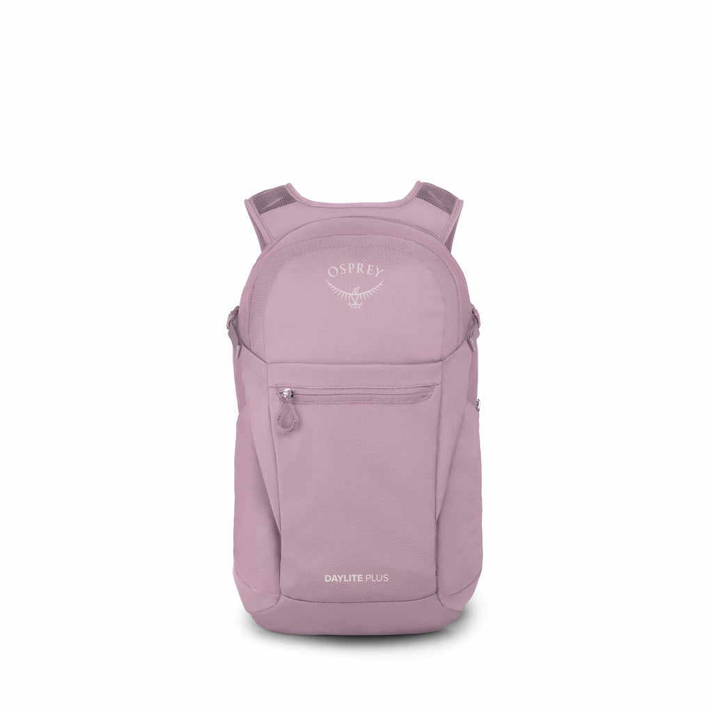 The images show a purple Osprey Daylite Plus backpack. In the first image, the backpack is seen from the front, displaying its branding and a front zippered pocket. The subsequent images show the backpack in varying stages of deconstruction, revealing dif