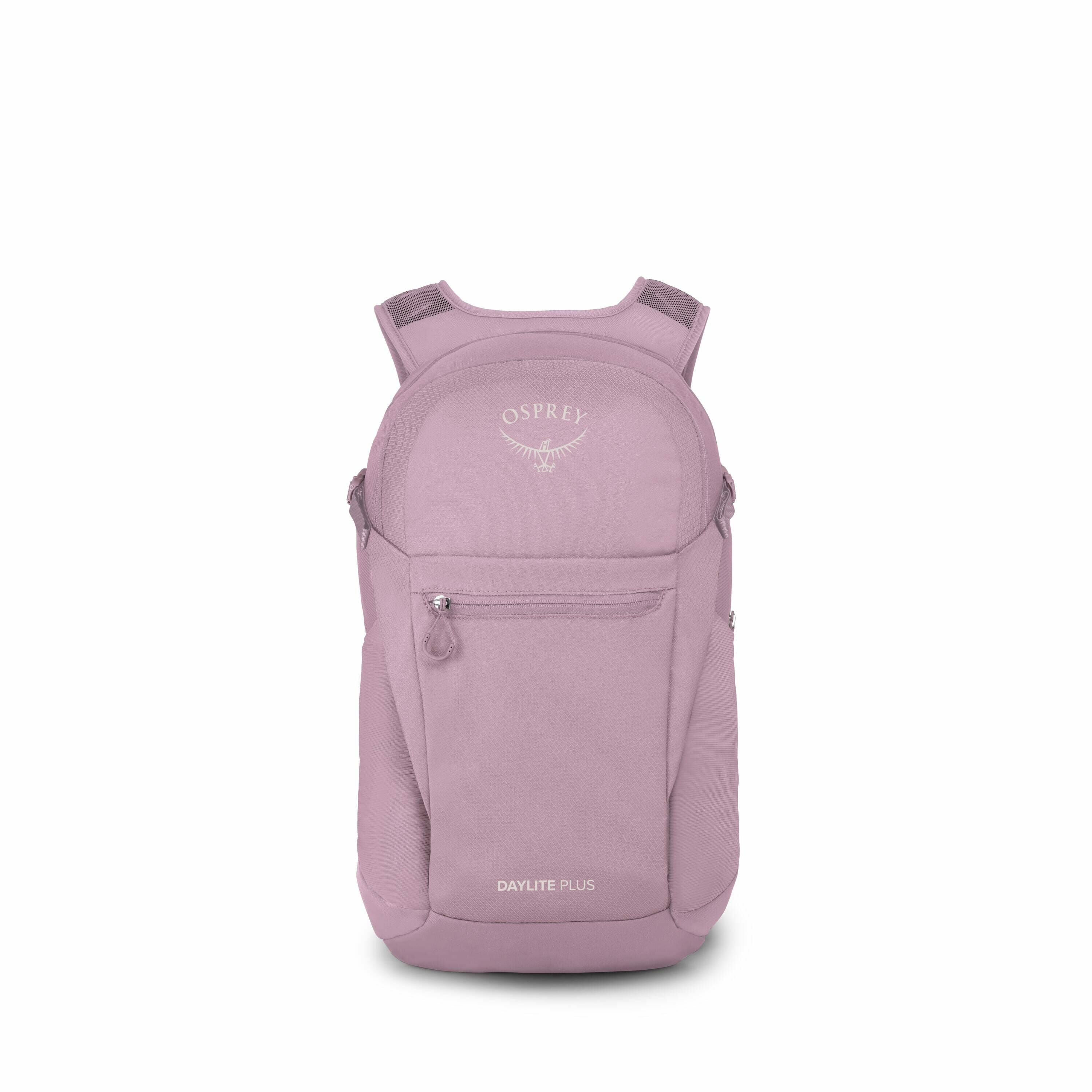 The images show a purple Osprey Daylite Plus backpack. In the first image, the backpack is seen from the front, displaying its branding and a front zippered pocket. The subsequent images show the backpack in varying stages of deconstruction, revealing dif