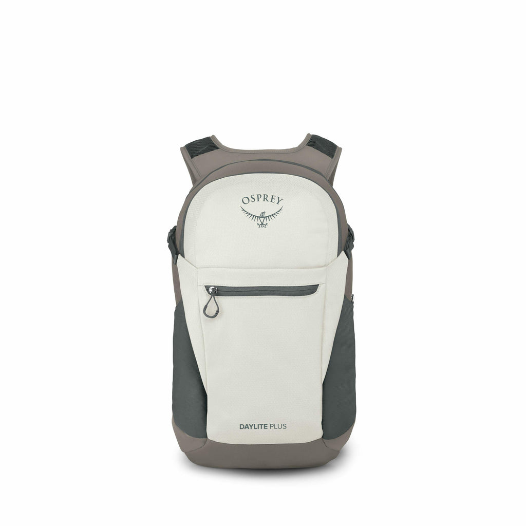 The image showcases an Osprey Daylite Plus backpack in a light beige and dark gray color combination. The backpack has a compact design with two shoulder straps, a top handle, and a front zip pocket. The Osprey logo, featuring an osprey bird in flight, is