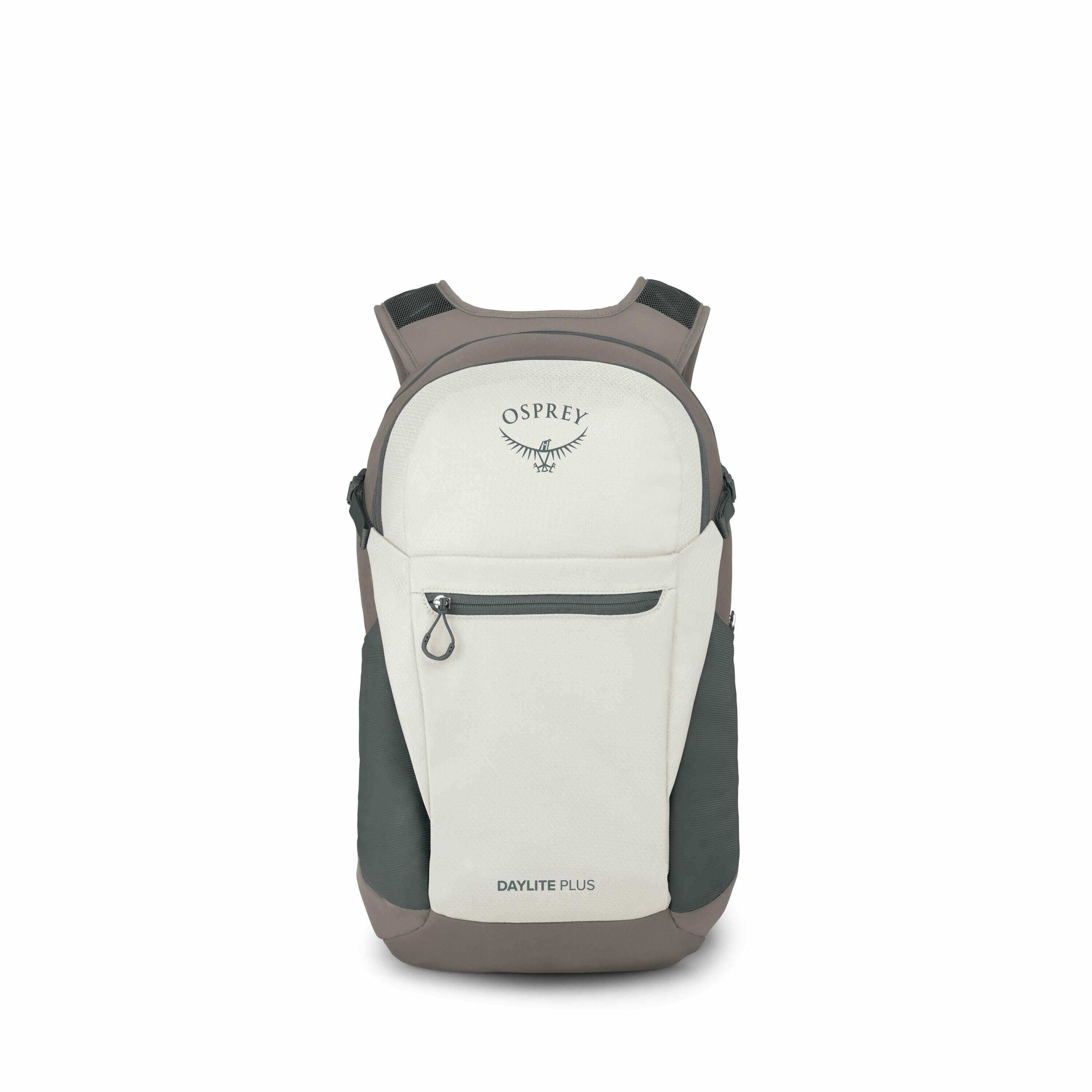 The image showcases an Osprey Daylite Plus backpack in a light beige and dark gray color combination. The backpack has a compact design with two shoulder straps, a top handle, and a front zip pocket. The Osprey logo, featuring an osprey bird in flight, is