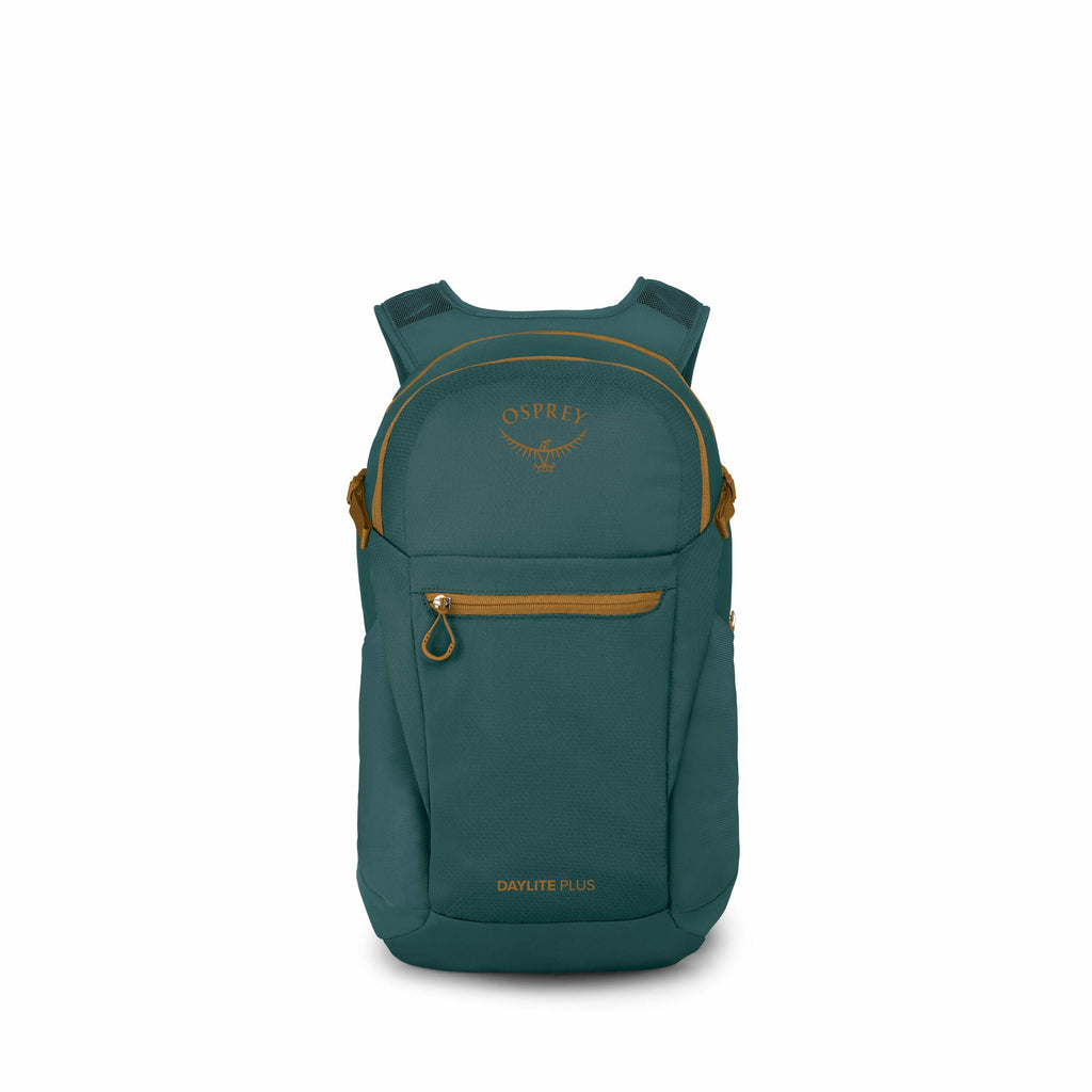 The image displays a green Osprey Daylite Plus backpack with brown accents, including zippers and the brand logo. The backpack has a sleek and compact design, featuring a main compartment and an outer zippered pocket for additional storage. The Osprey log