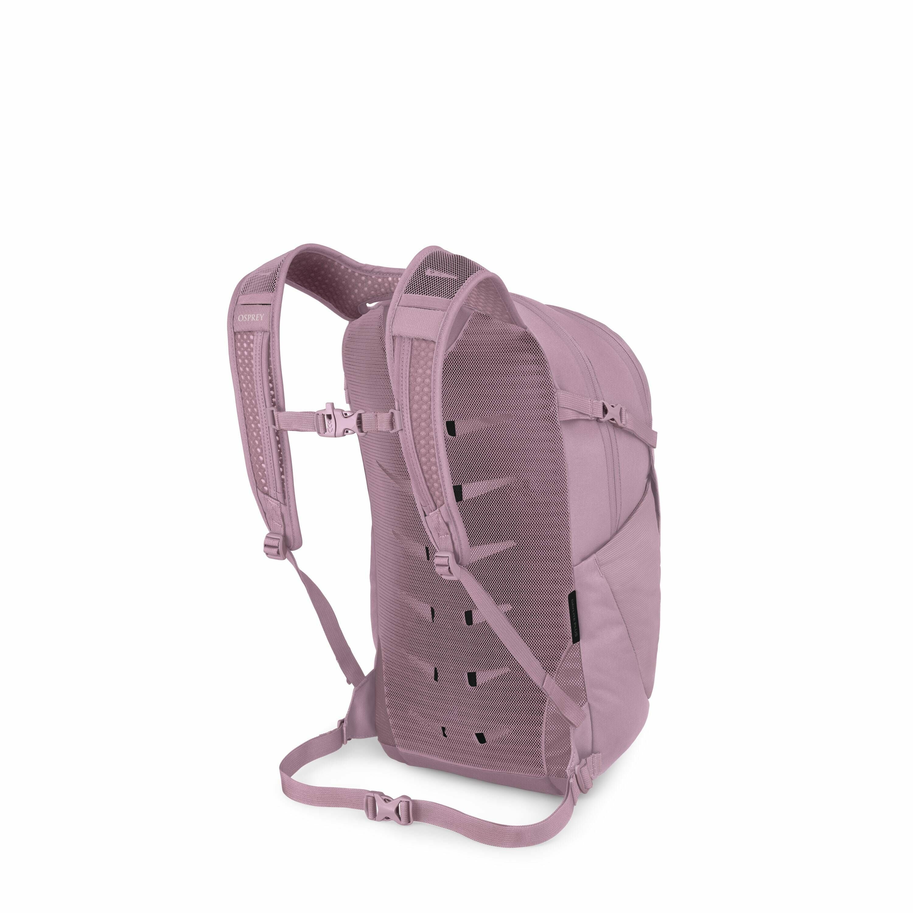 The image showcases a pink backpack viewed from the back, highlighting its adjustable straps and ergonomic design. It features a breathable mesh back panel designed for comfort and airflow, along with padded shoulder straps to ensure a comfortable fit. Th