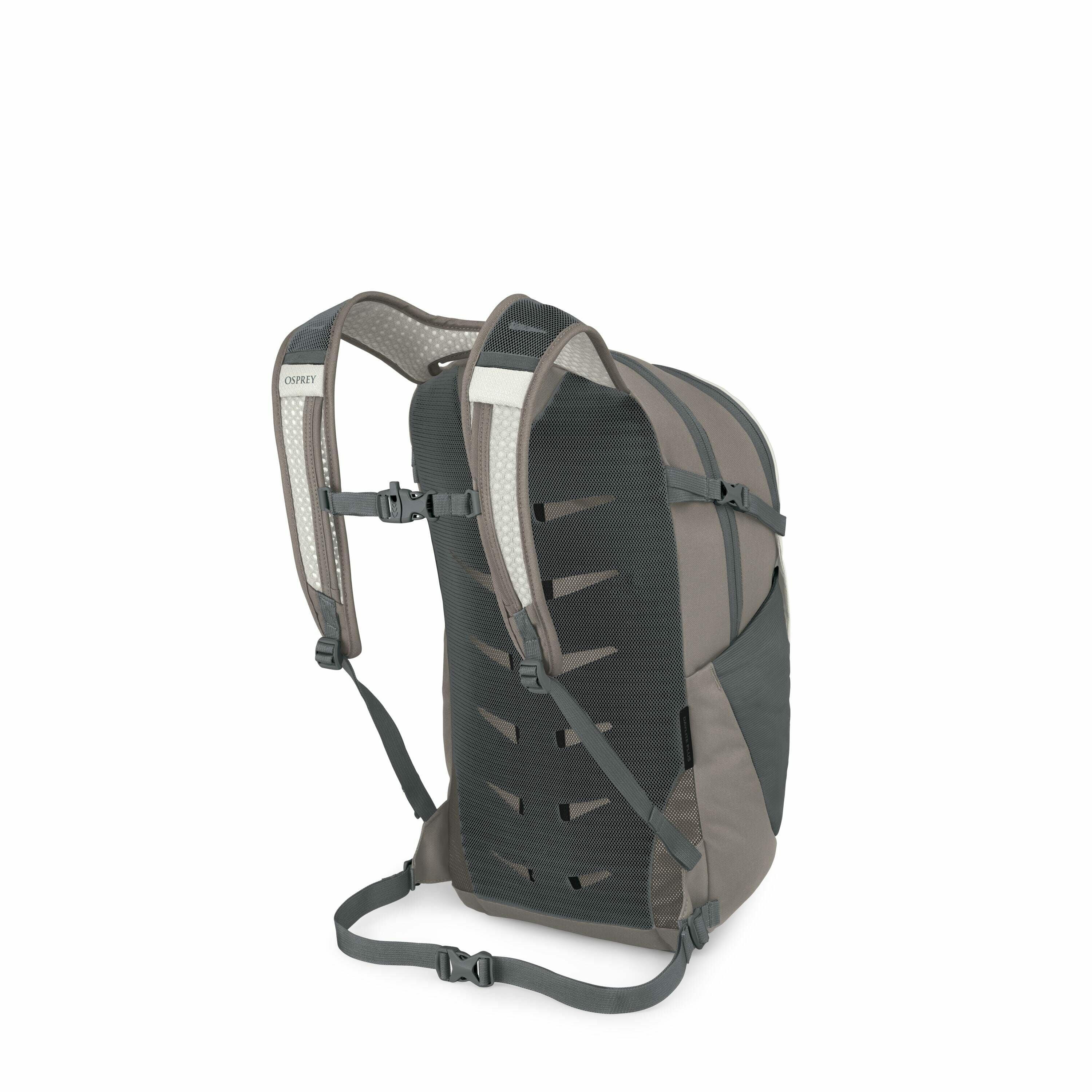 The images display a backpack with a focus on its back panel and straps. The backpack features a brand label "Osprey" on the left strap, and it is designed with mesh padding for breathability and comfort. There are several adjustable straps, including a s