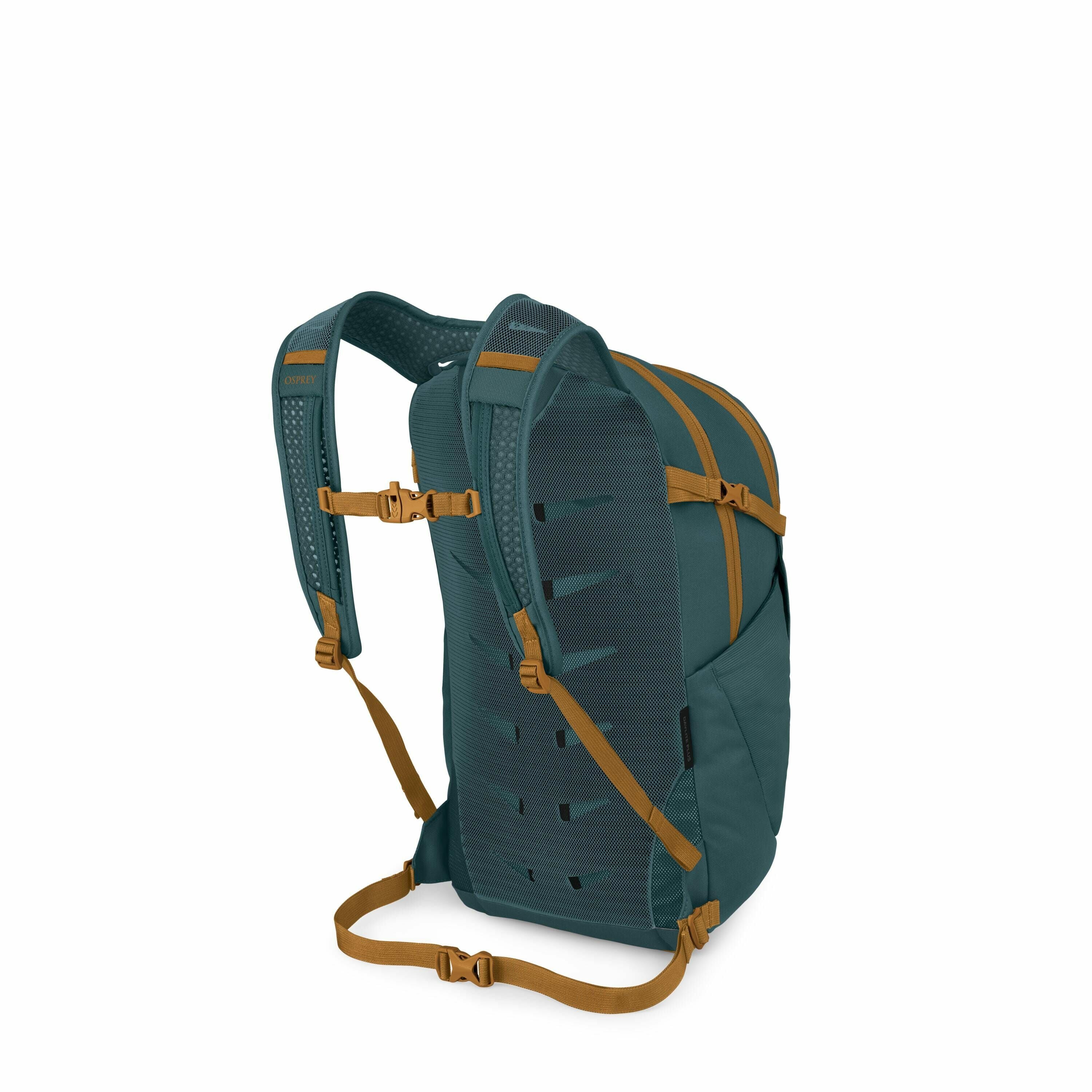 The image depicts a backpack viewed from the back, showcasing its shoulder and waist straps. It is primarily dark teal with tan accents, including the straps and buckles. The backpack features mesh padding on the back and shoulder straps for comfort and v