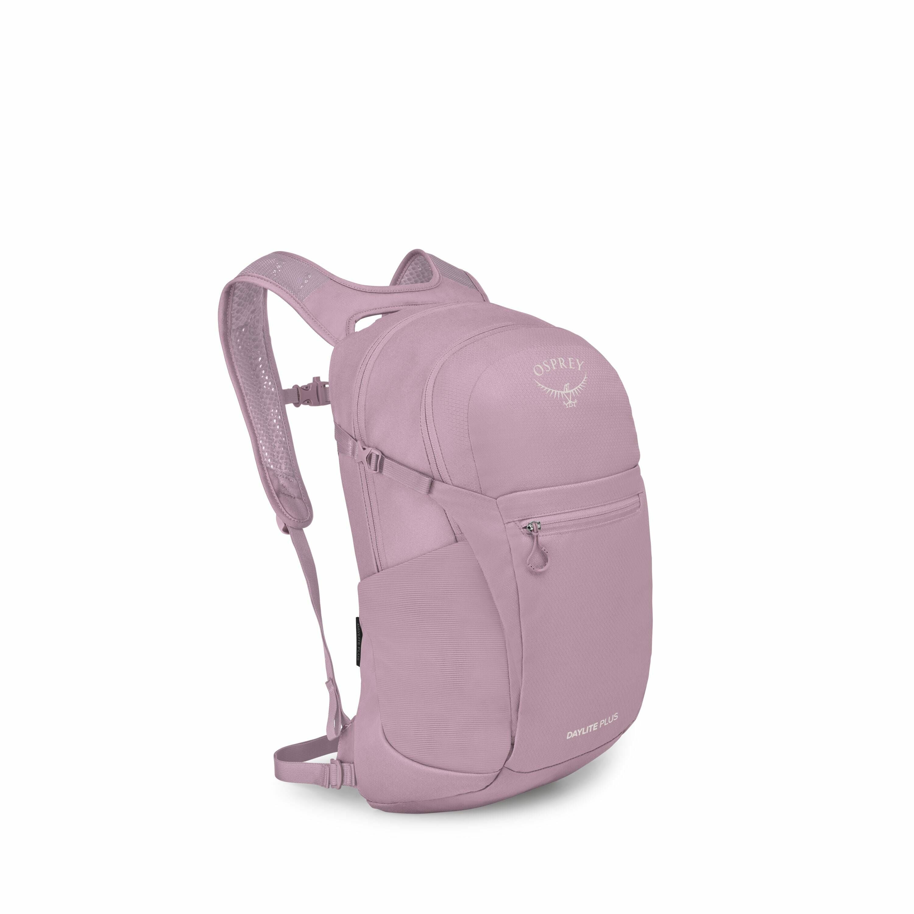 The image showcases a sleek and stylish backpack in a muted mauve color. It is designed by Osprey, with the logo prominently displayed on the upper section. The backpack features a main compartment and a smaller zippered pocket on the front for additional
