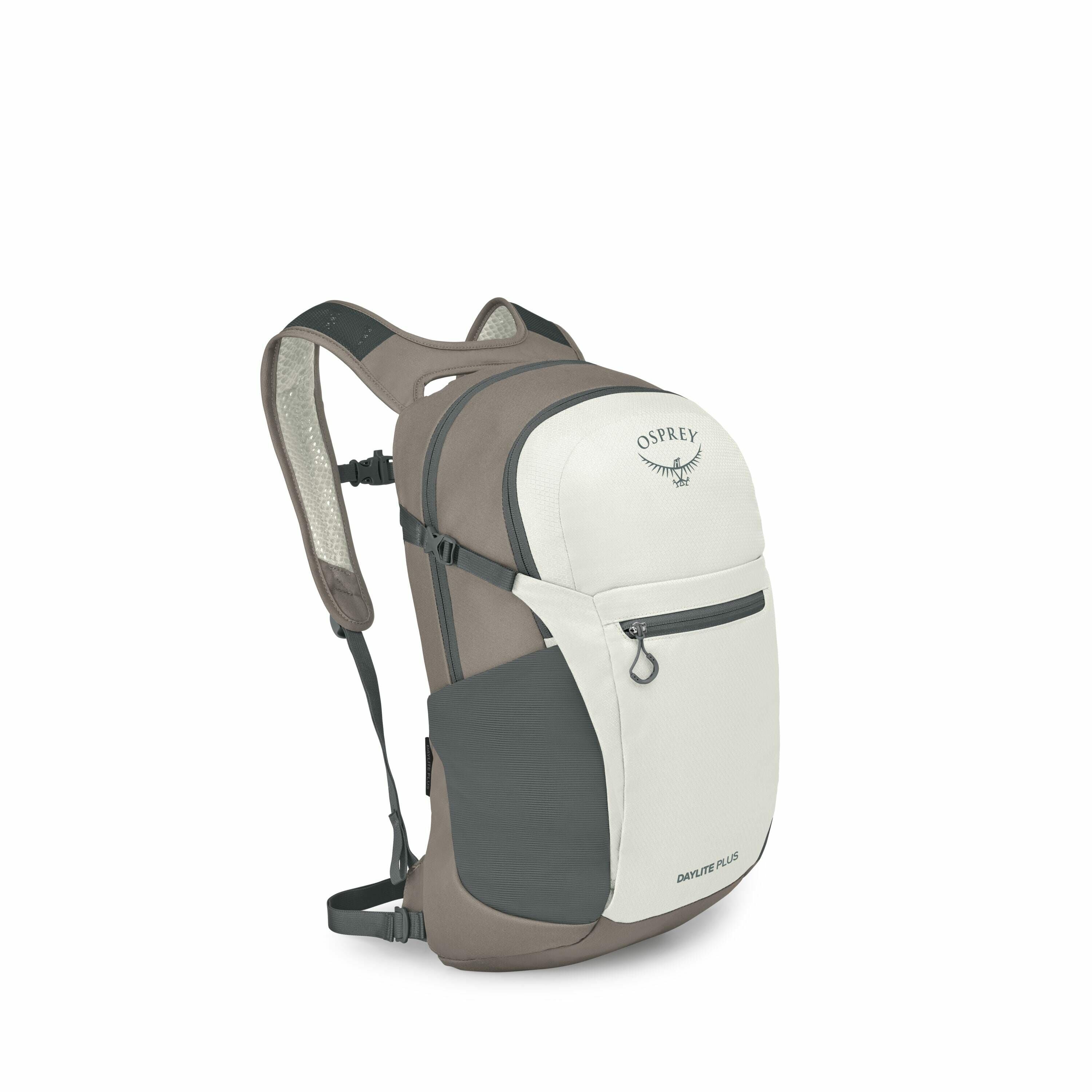 The image features an Osprey Daylite Plus backpack, showcased in a three-dimensional exploded view that highlights its various components. The backpack is primarily in shades of beige and gray, with the front pocket and top area displaying the Osprey logo