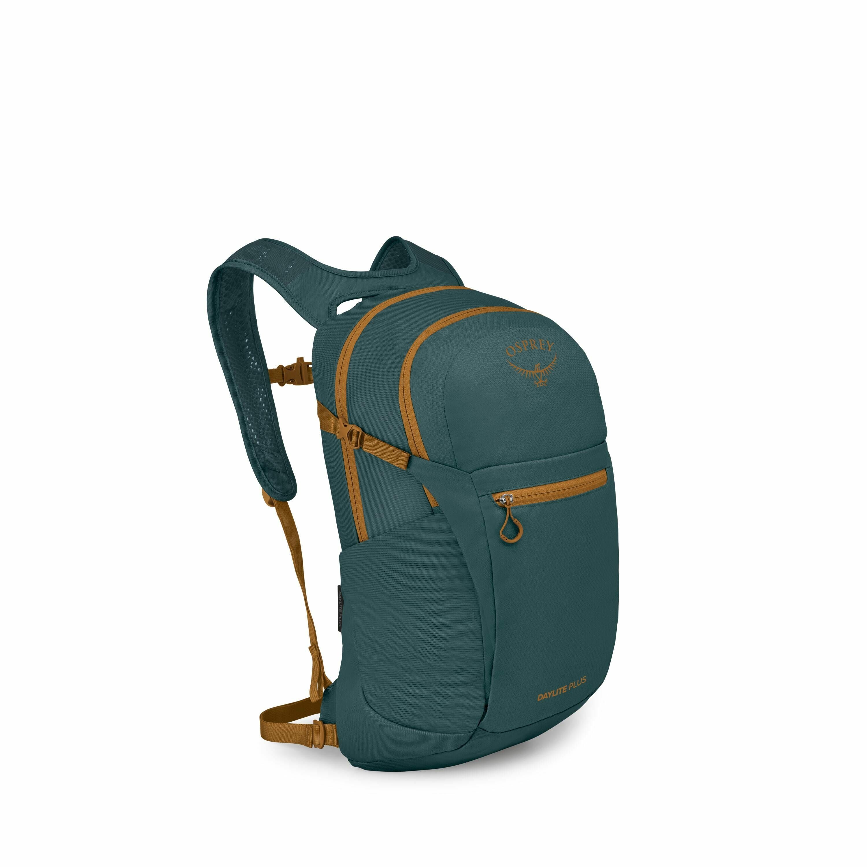 The image shows a teal-colored Osprey Daylite Plus backpack. It has brown accents and zippers, with a distinctive Osprey logo on the upper front section. The backpack is designed with several compartments, including a front zippered pocket and side mesh p