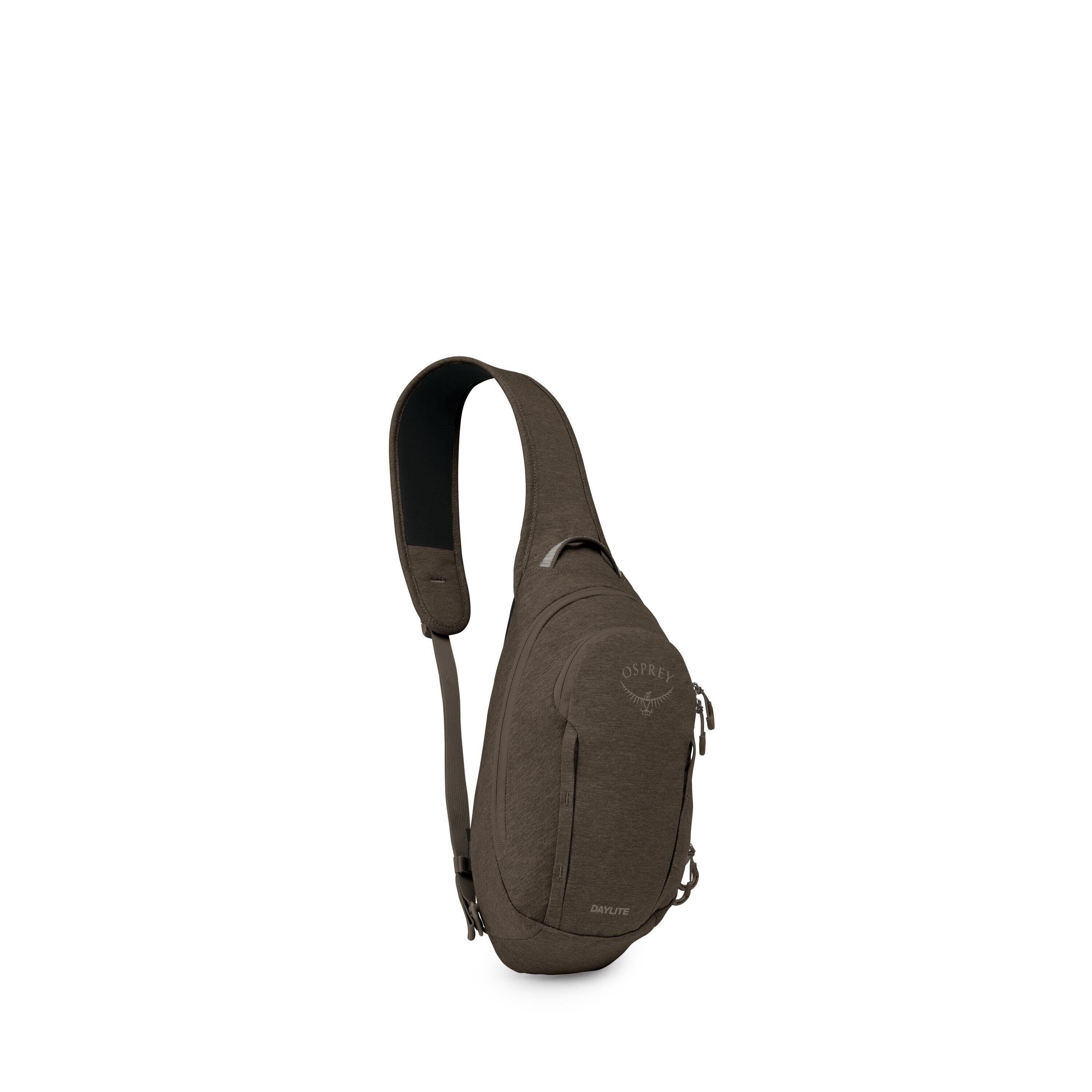 The images show a compact, teardrop-shaped sling bag in a dark olive color. It has a single padded shoulder strap, multiple zippered compartments, and a small top grab handle. The Osprey logo and the word "Daylite" appear on the front pocket. Several fram