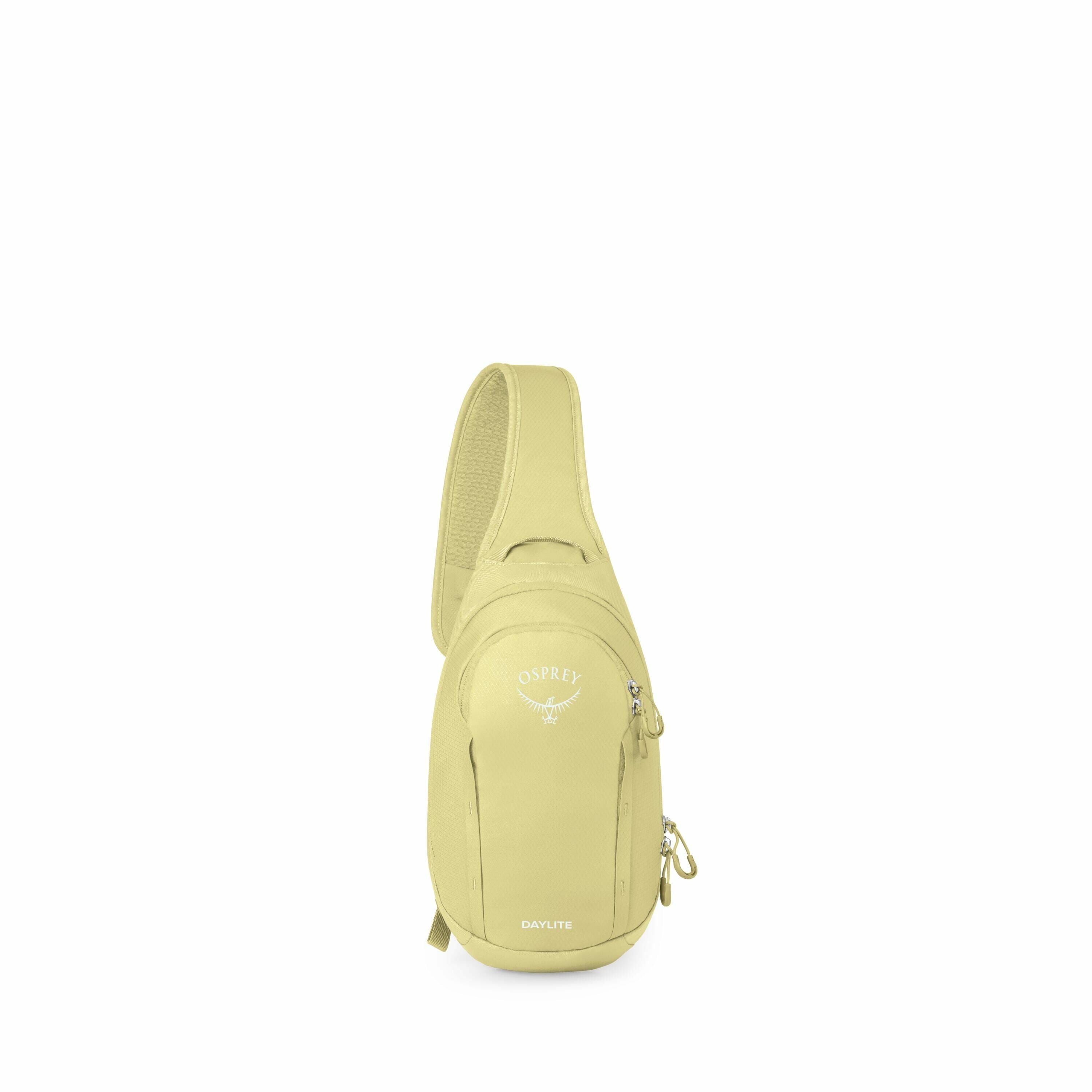 The image set showcases a small, lemon-yellow sling bag by Osprey, labeled "DAYLITE." It features a sleek, teardrop shape designed to be worn across one shoulder, with a single adjustable strap. The bag includes multiple compartments with visible zippers