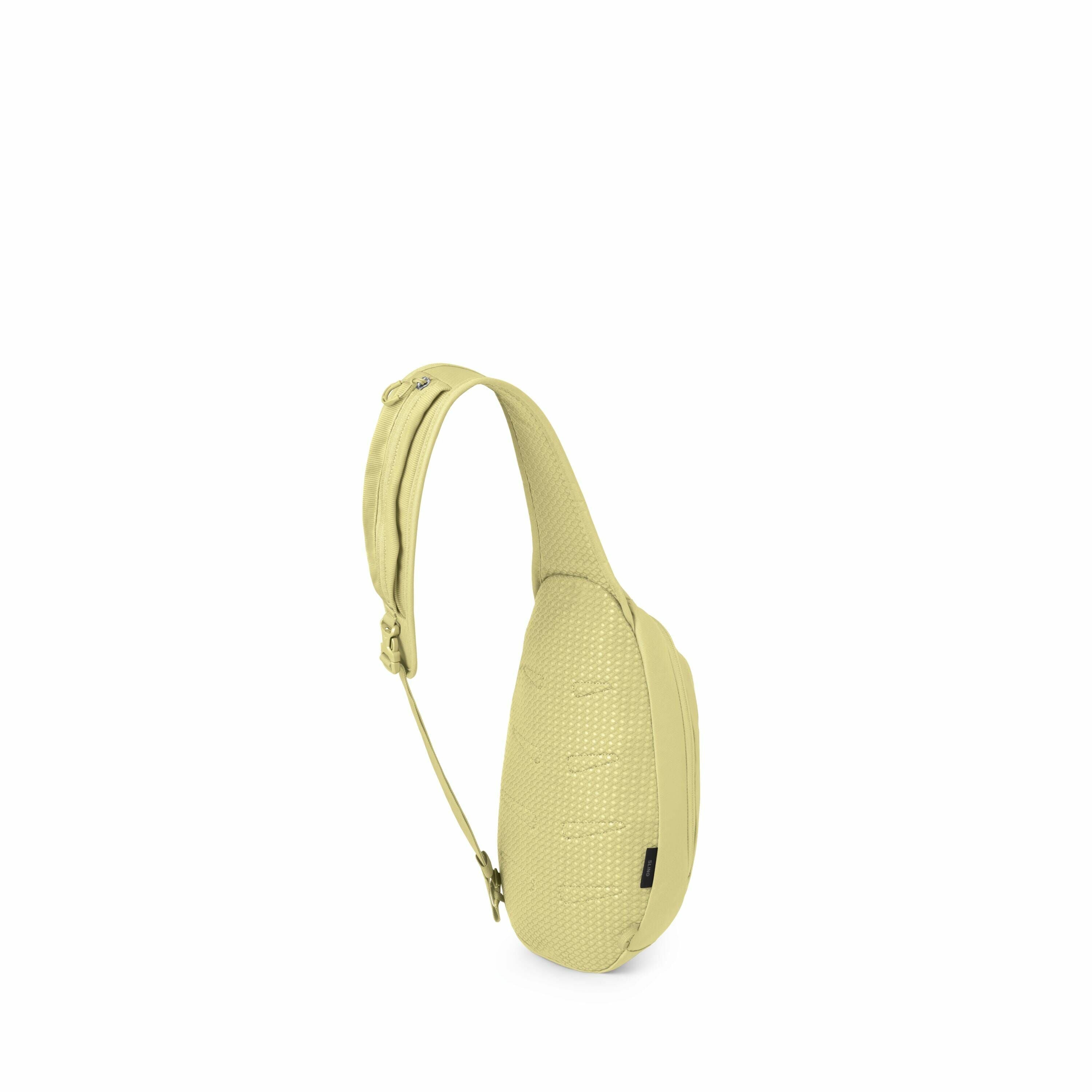 The image series appears to depict a 3D rendering of a light yellow textured backpack or sling bag shown from a side view. The main image shows the bag in its entirety, with a curved and smooth design. Each subsequent image is a sequential breakdown of th