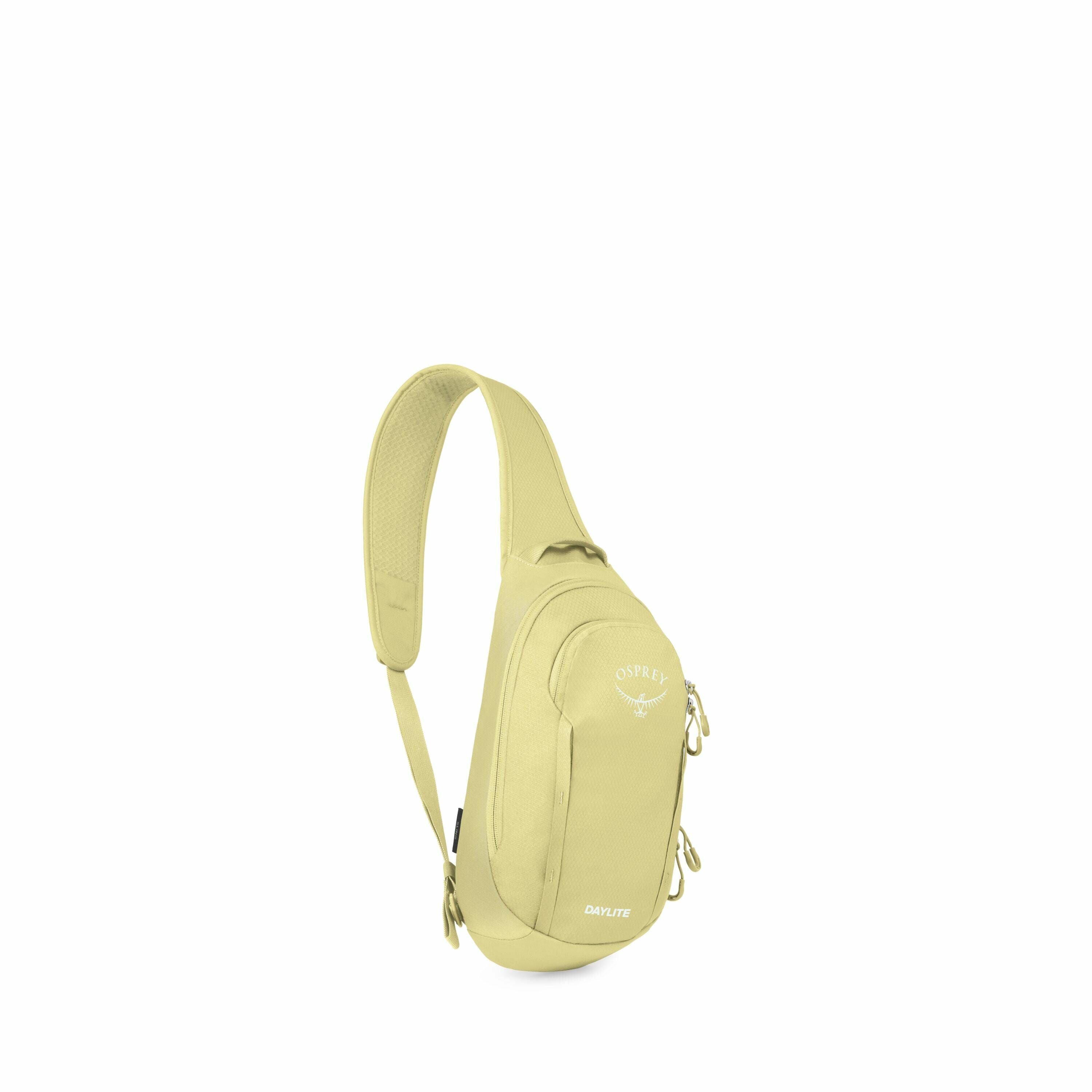 The images show a mustard yellow sling backpack with the Osprey logo on it. It has a single strap designed for cross-body wear, and it features multiple compartments. The main compartment appears to have a zipper, and there is an additional smaller front