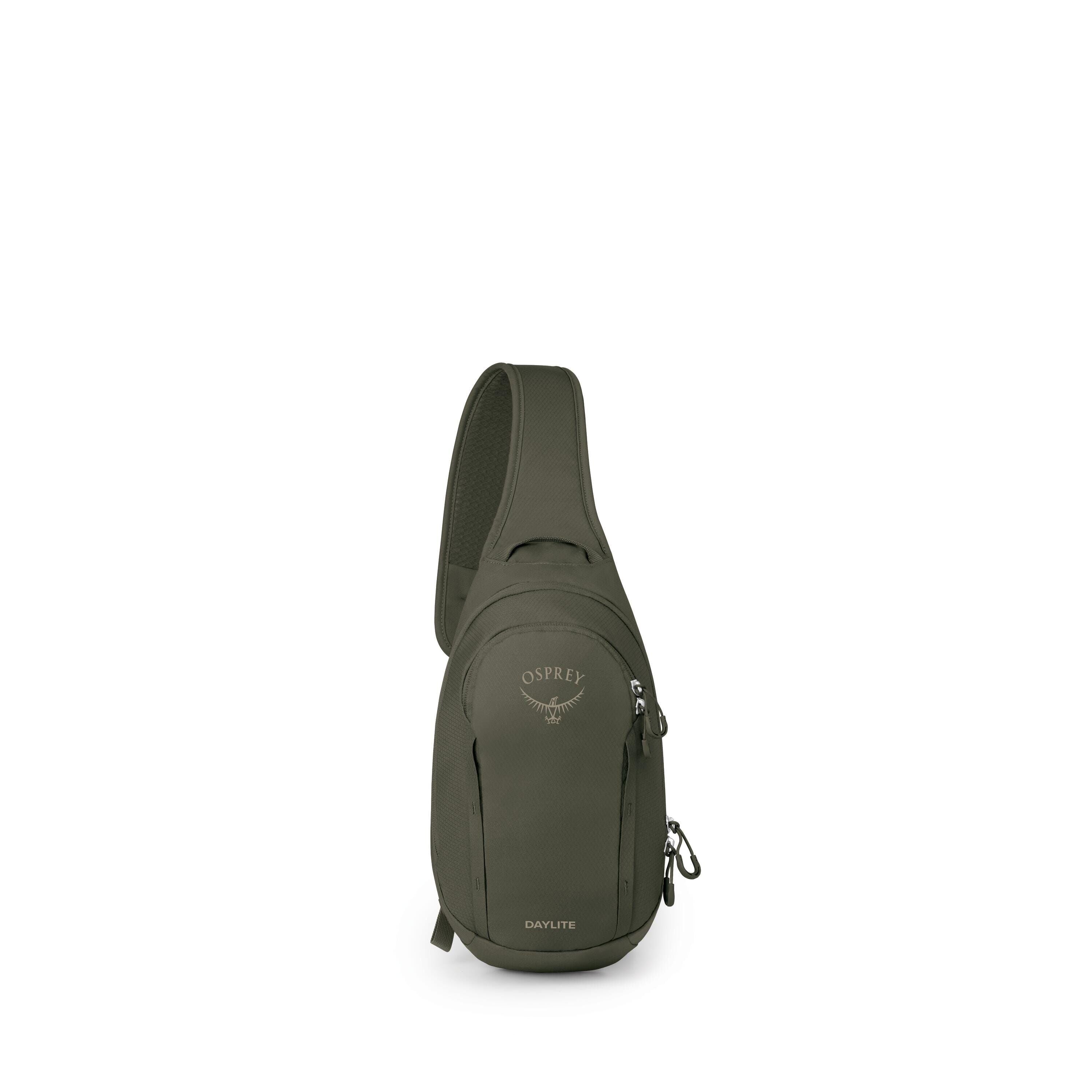 The image shows a compact sling backpack in a deep olive green color. It has a single padded shoulder strap, multiple zippered compartments, and small corded zipper pulls. The front displays the Osprey logo and the word "Daylite." Several additional frame
