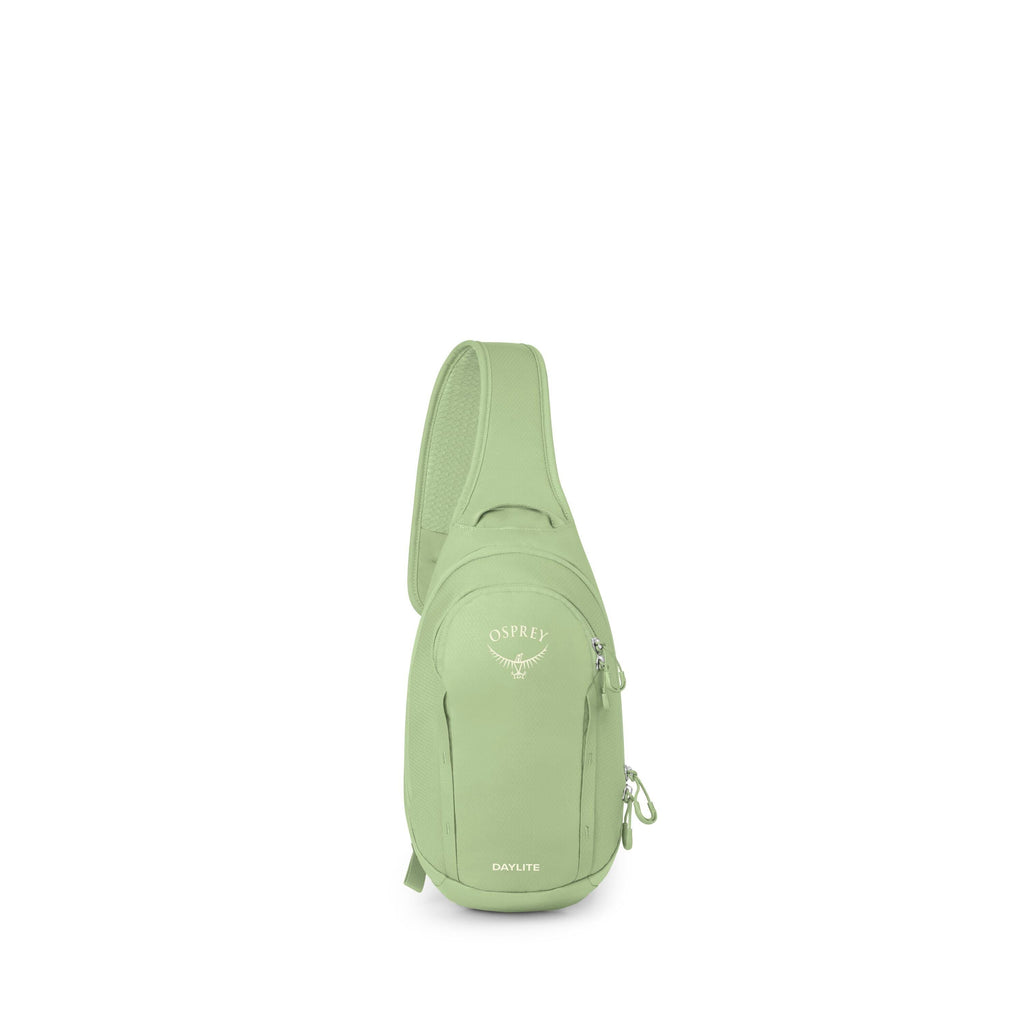 The images show a compact, single-strap sling backpack in a light green color. It has a teardrop shape with multiple zippered compartments and small pull tabs. The brand "OSPREY" and the model name "DAYLITE" are printed on the front. Several frames isolat