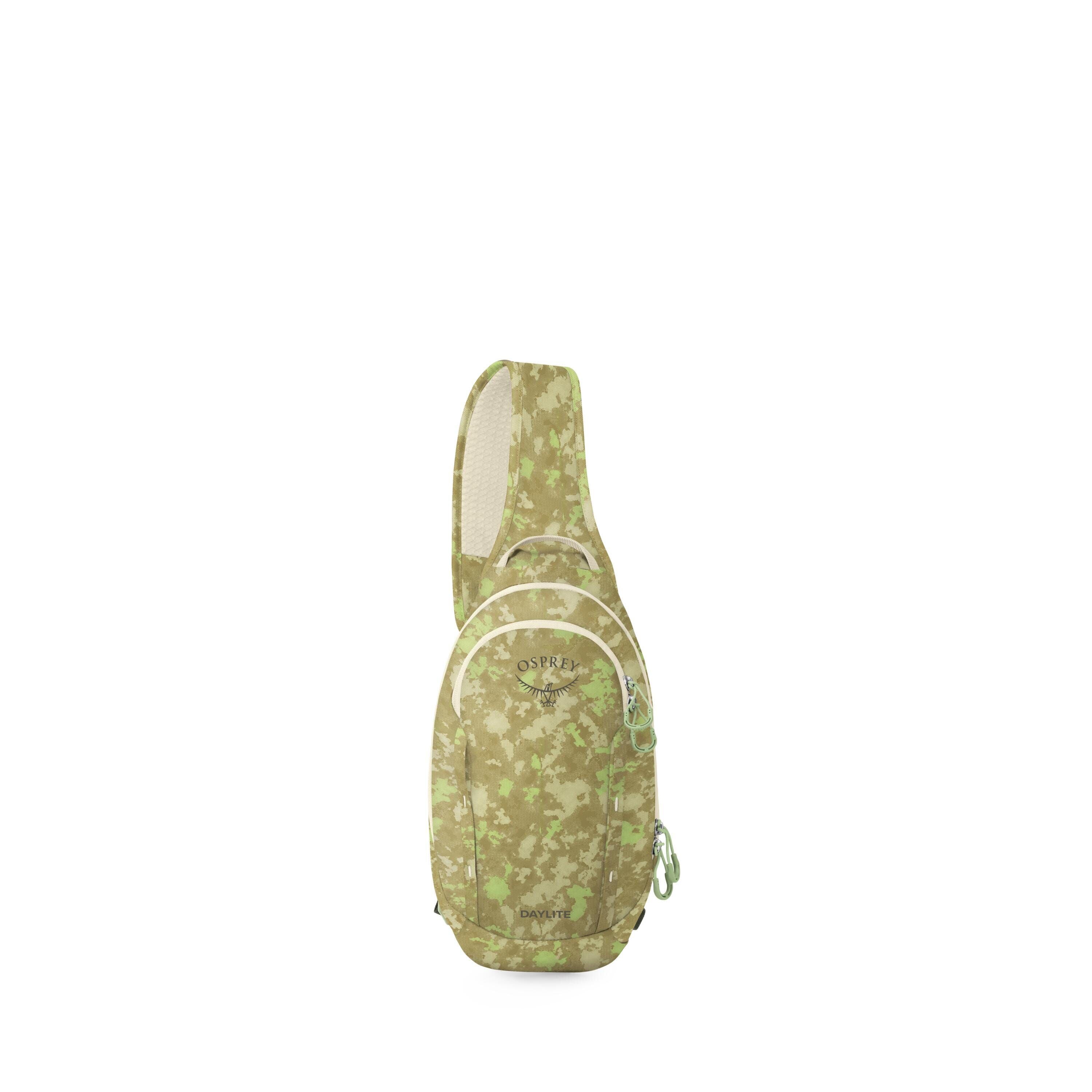 The images show a green camo-patterned sling backpack presented in a sequence of deconstruction. The first frames display the full pack with a single cross-body strap, zippered front pocket, and the Osprey logo with "Daylite" branding. Subsequent frames p