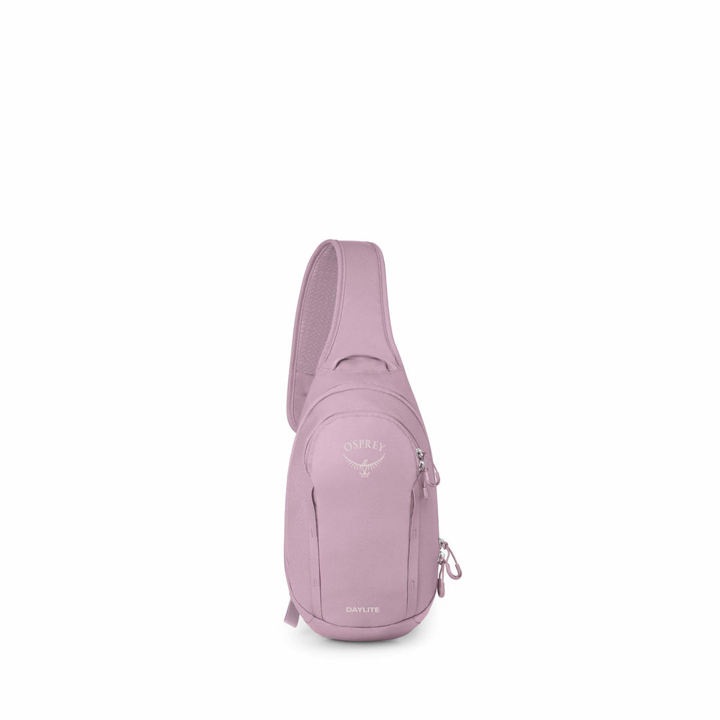The images showcase a series of views of an Osprey Daylite sling bag in a soft pink to lavender shade. The bag is shown from various angles, including a side view, a front view, a rear view, and several close-up segments highlighting specific parts like t