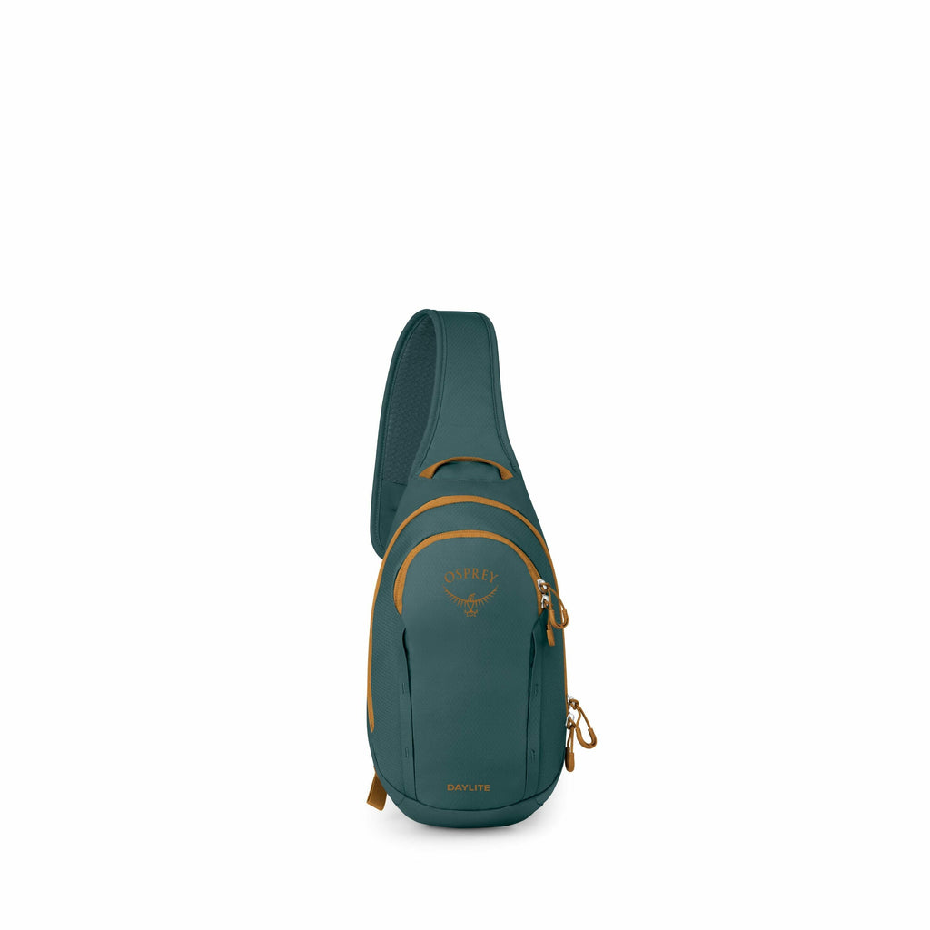 The image features a green sling-style backpack from the brand Osprey, prominently displaying the brand's logo and the model name "Daylite." The backpack has an ergonomic design with a single, padded shoulder strap. It includes two zippered compartments w