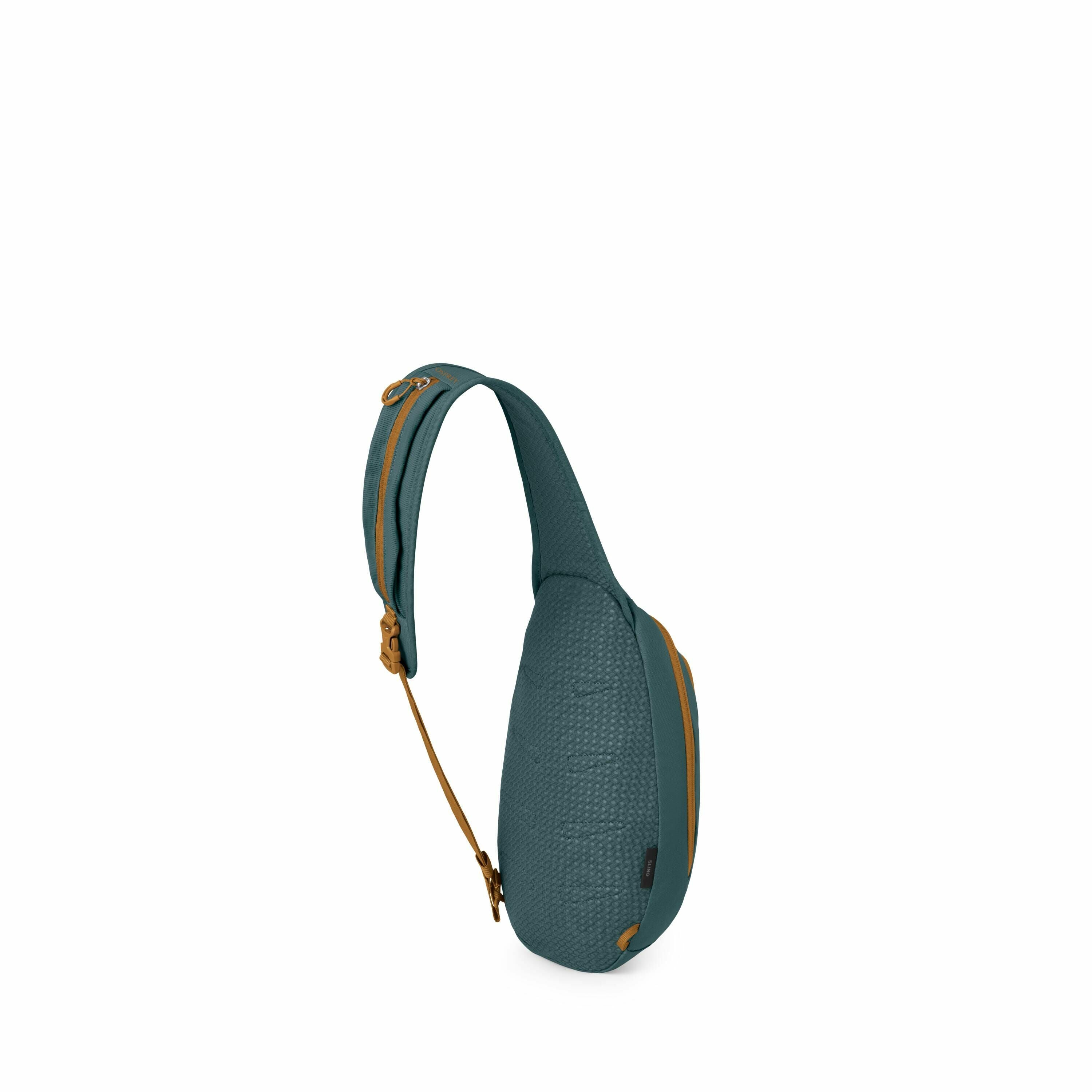 The image displays a green and brown sling bag viewed from an angle, showcasing its design. The main body of the bag is predominantly green, featuring a textured pattern, while the zipper and strap accents are in a contrasting brown color. The bag appears