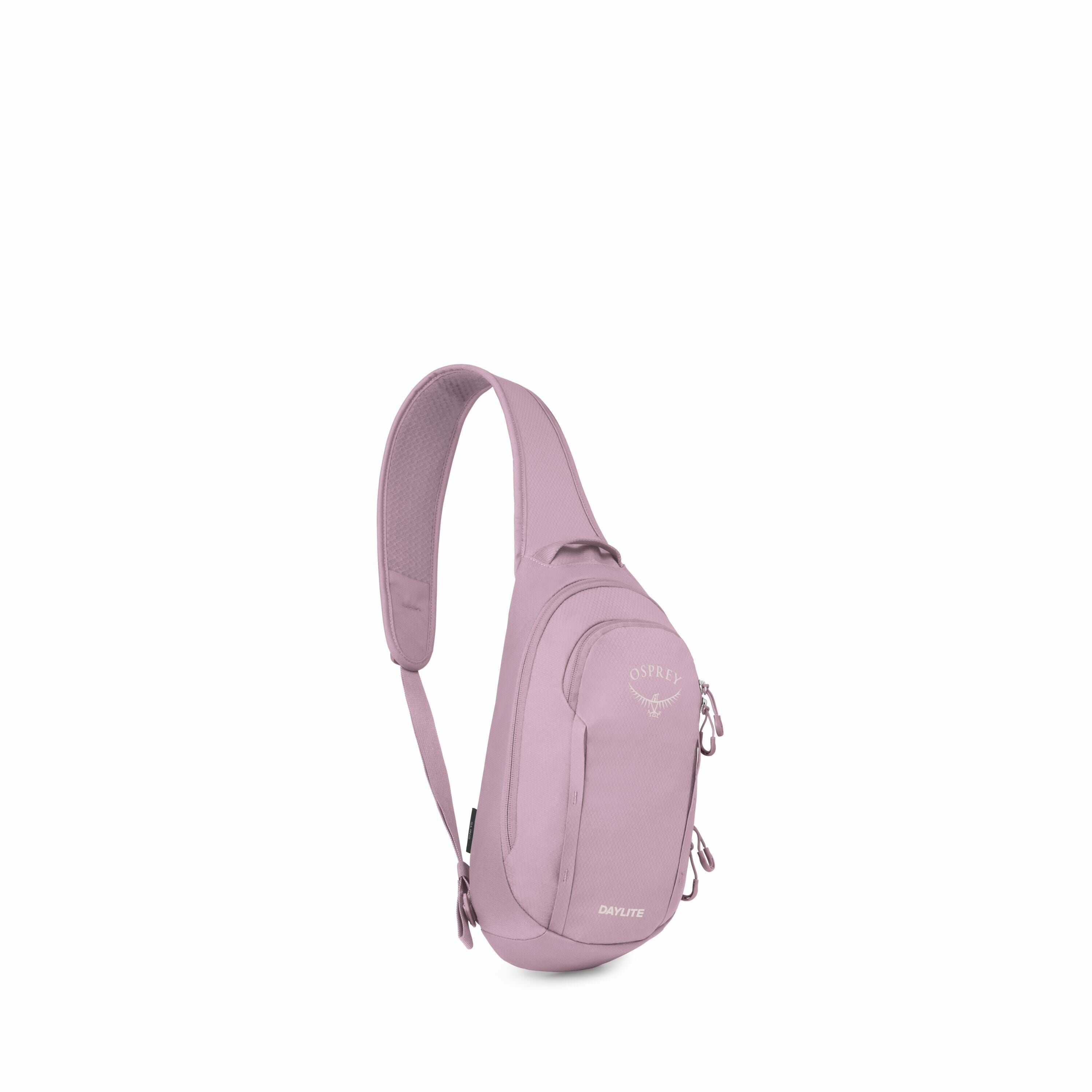 The image series showcases a sling backpack by Osprey in a light purple color. The backpack has a single strap designed for easy cross-body wear. It features multiple zippers, indicating various compartments for storage. The brand name "Osprey" is promine