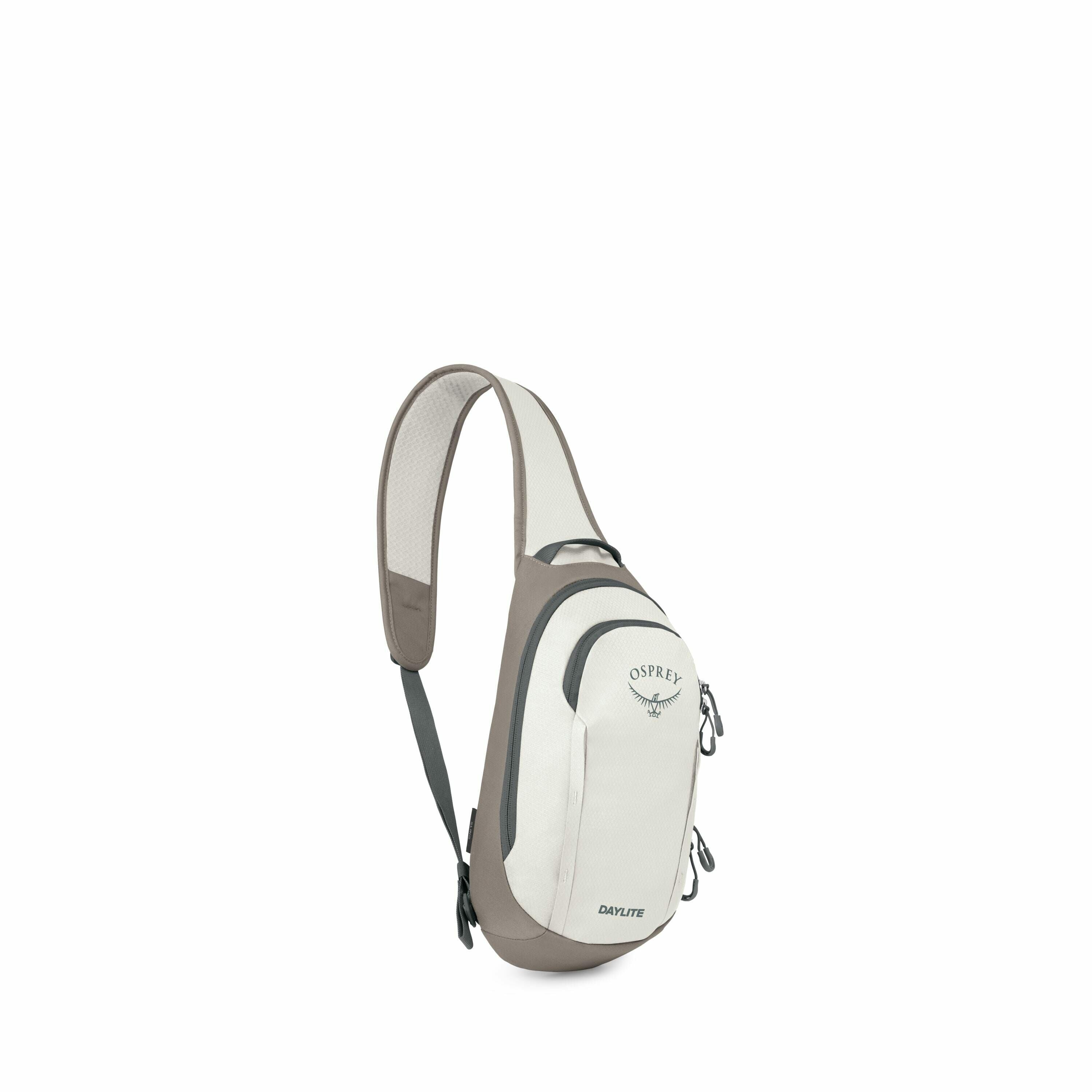 The images display an Osprey Daylite sling bag, depicted in various stages of deconstruction. The first image shows the complete bag, which features a teardrop shape and a single shoulder strap, predominantly in a light gray color with darker accents. The