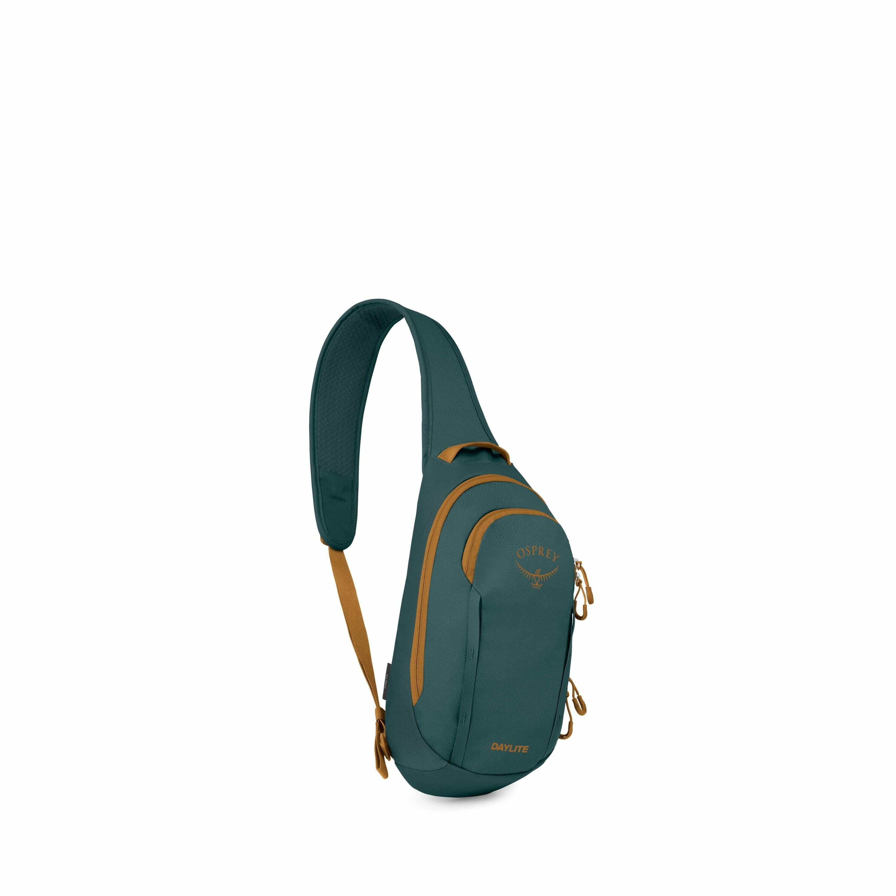 The image series showcases a teal sling backpack by Osprey, known as the "Daylite." It features a sleek and compact design with a single padded strap for easy shoulder carry, and it includes multiple compartments accessible via zipper closures. The backpa