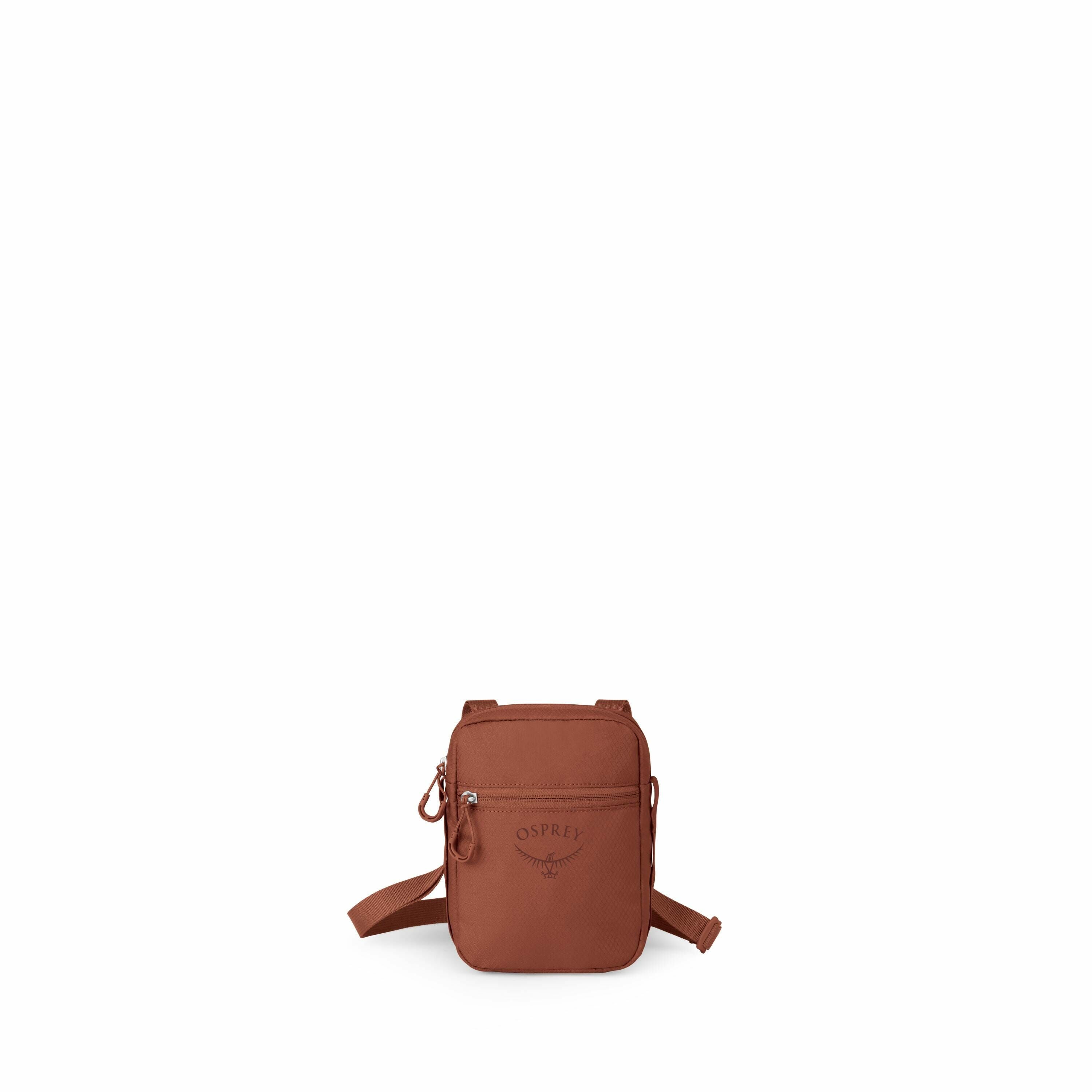 The image showcases a series of frames featuring a compact brown Osprey shoulder bag. The bag is small in size with a front zippered pocket and adjustable strap, designed for easy carrying. Its logo, featuring the Osprey name and a stylized bird emblem, i