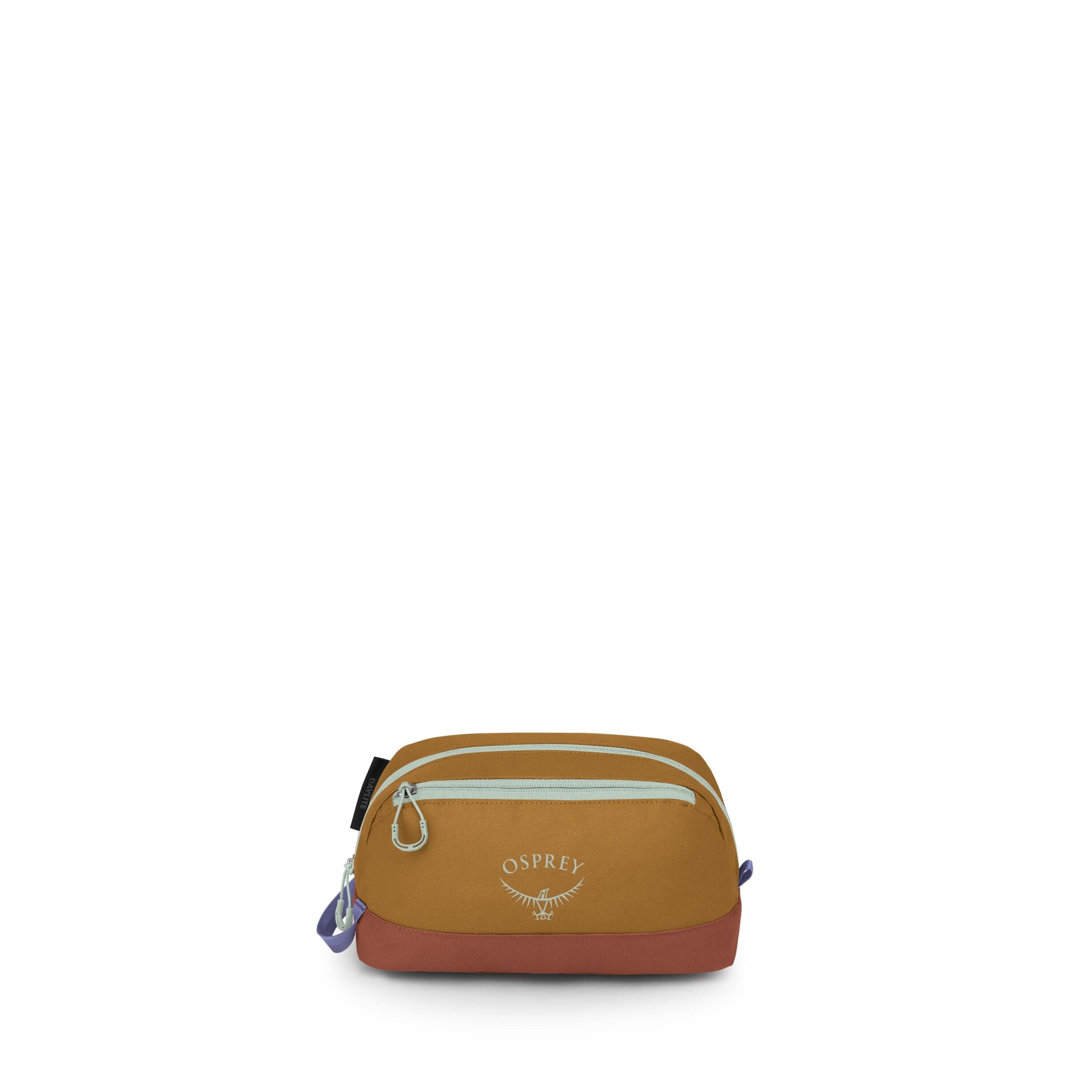 A small Osprey zip pouch sits centered on a white background. The bag is mustard yellow with a maroon base and light mint zippers, plus a purple side loop. It features two front zipper compartments and the Osprey logo printed on the front panel. The clean