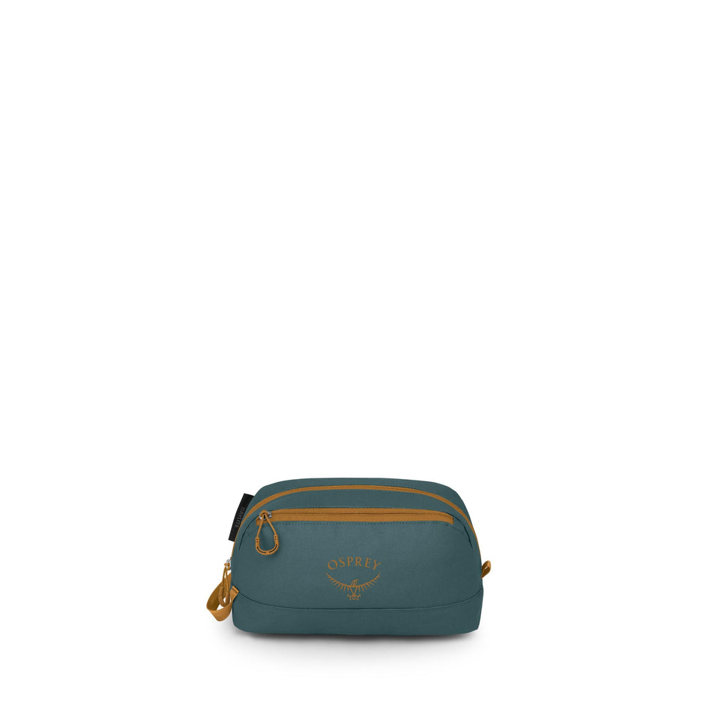 A small teal toiletry or accessory pouch is centered against a white background. It has two mustard-colored zipper compartments and matching zipper pulls, plus a side loop for carrying. The front features an "OSPREY" logo with a stylized bird emblem in th