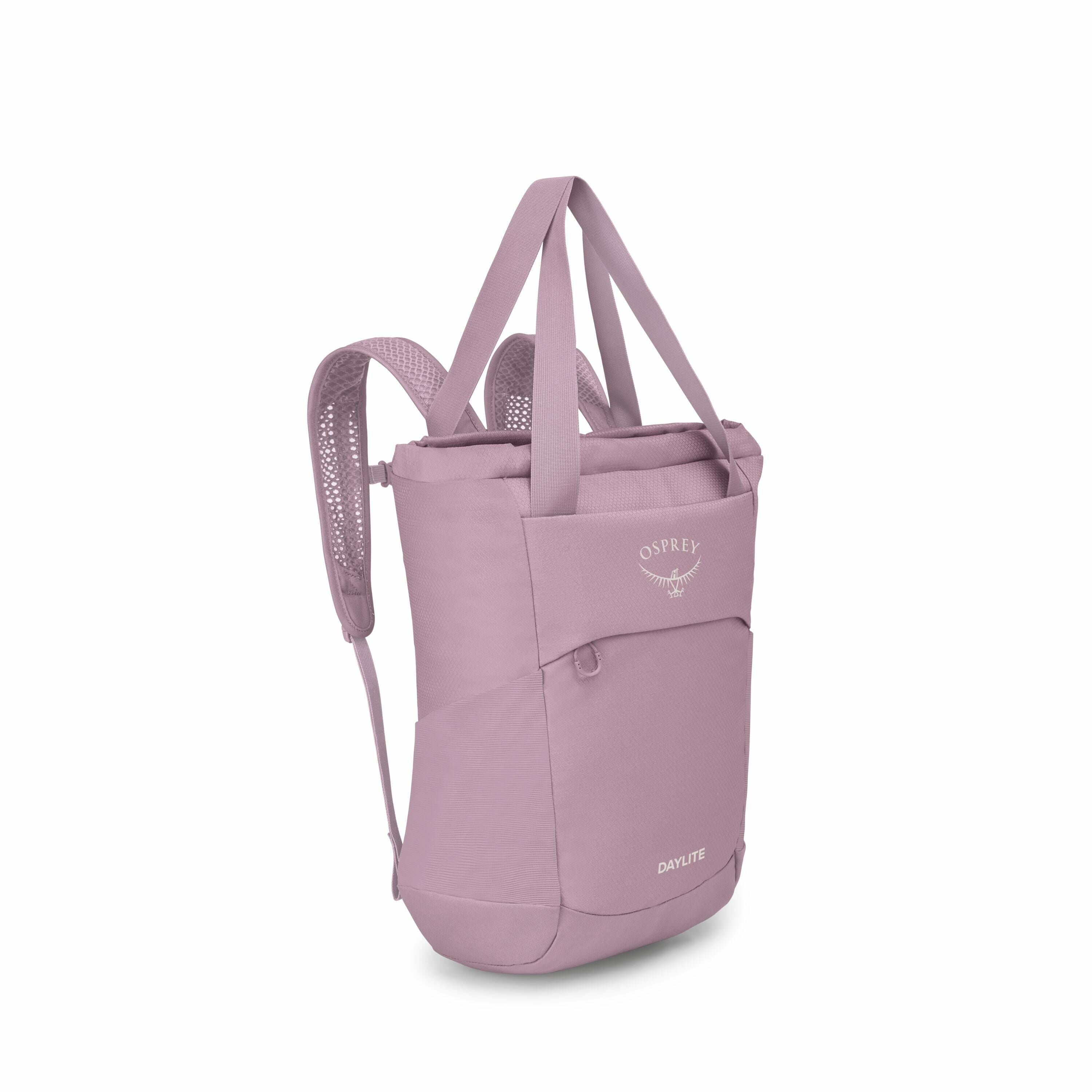 The image displays a series of views of a backpack labeled "Daylite," produced by the brand Osprey. The backpack is primarily a soft pastel purple color, featuring a simple and sleek design. The main compartment is spacious, with a smaller front pocket th
