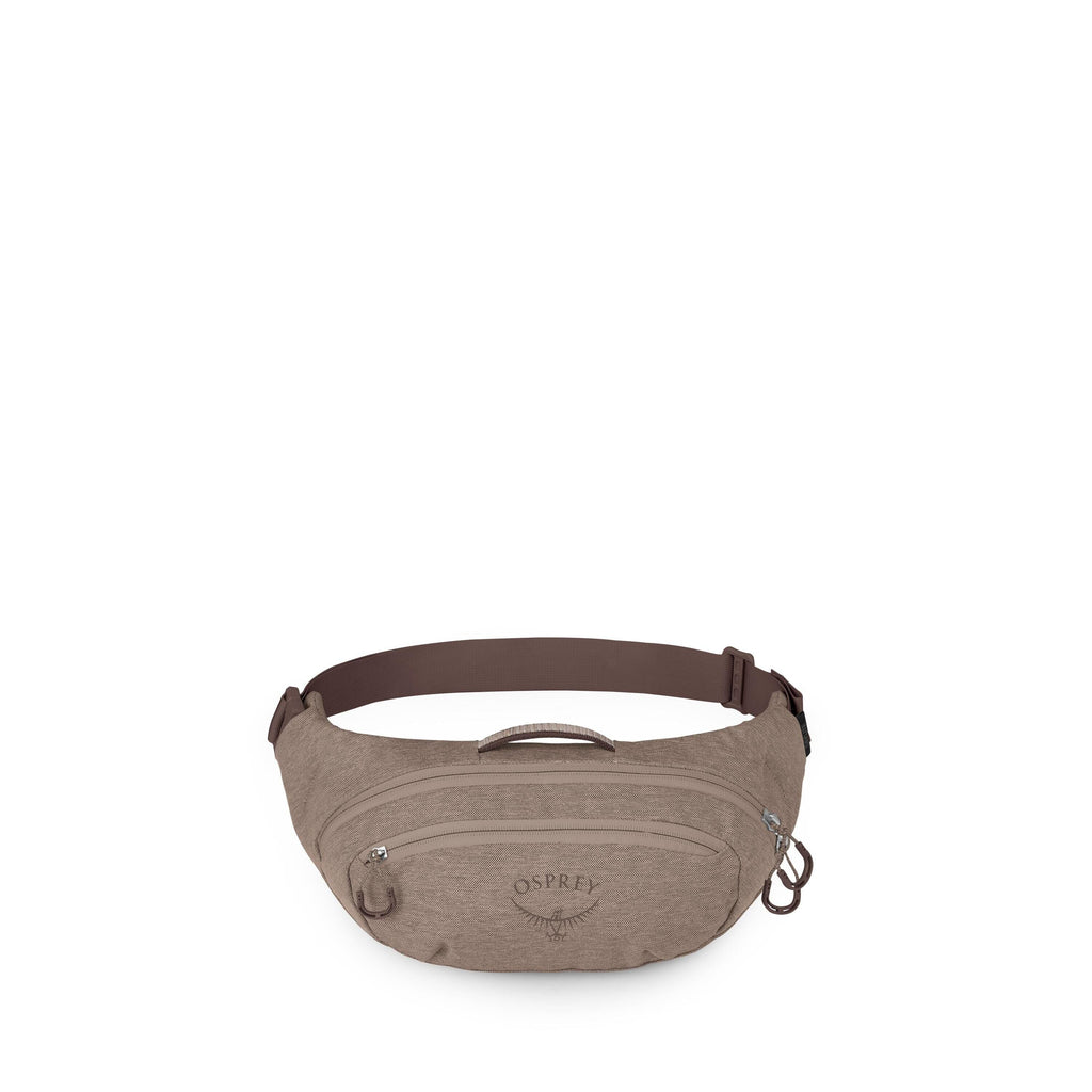 The image shows a compact waist pack/fanny pack in a taupe-brown fabric with a darker brown adjustable strap. It has two front zippered compartments, a small top grab handle, and attachment loops on each side. The Osprey logo is printed on the front pocke