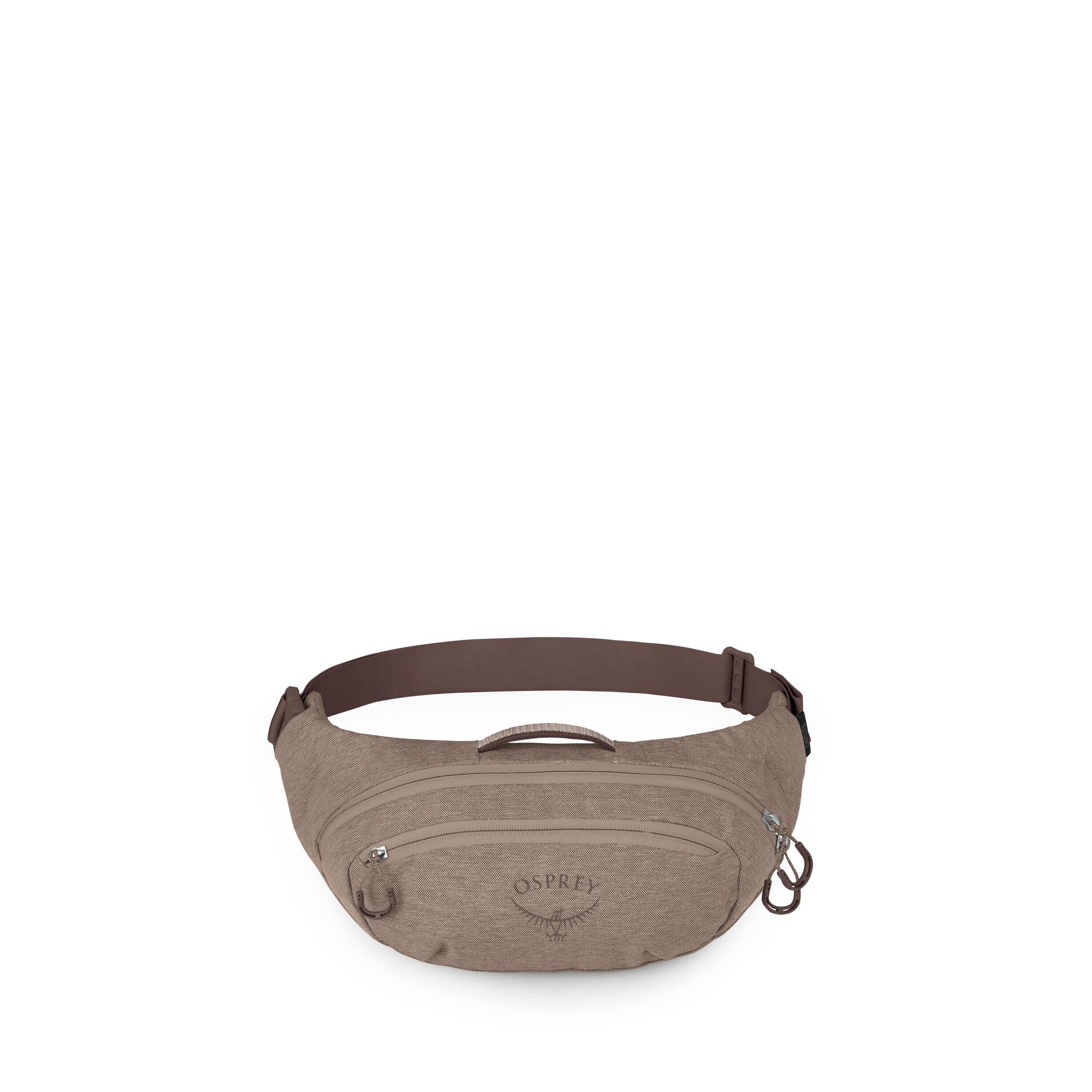 The image shows a compact waist pack/fanny pack in a taupe-brown fabric with a darker brown adjustable strap. It has two front zippered compartments, a small top grab handle, and attachment loops on each side. The Osprey logo is printed on the front pocke