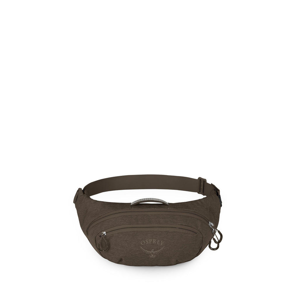 The images show a compact Osprey waist pack, often called a fanny pack, in a dark olive color. It features a main zip compartment, a smaller front zip pocket with the Osprey logo below, and a sturdy top grab handle. An adjustable webbing belt with a side-