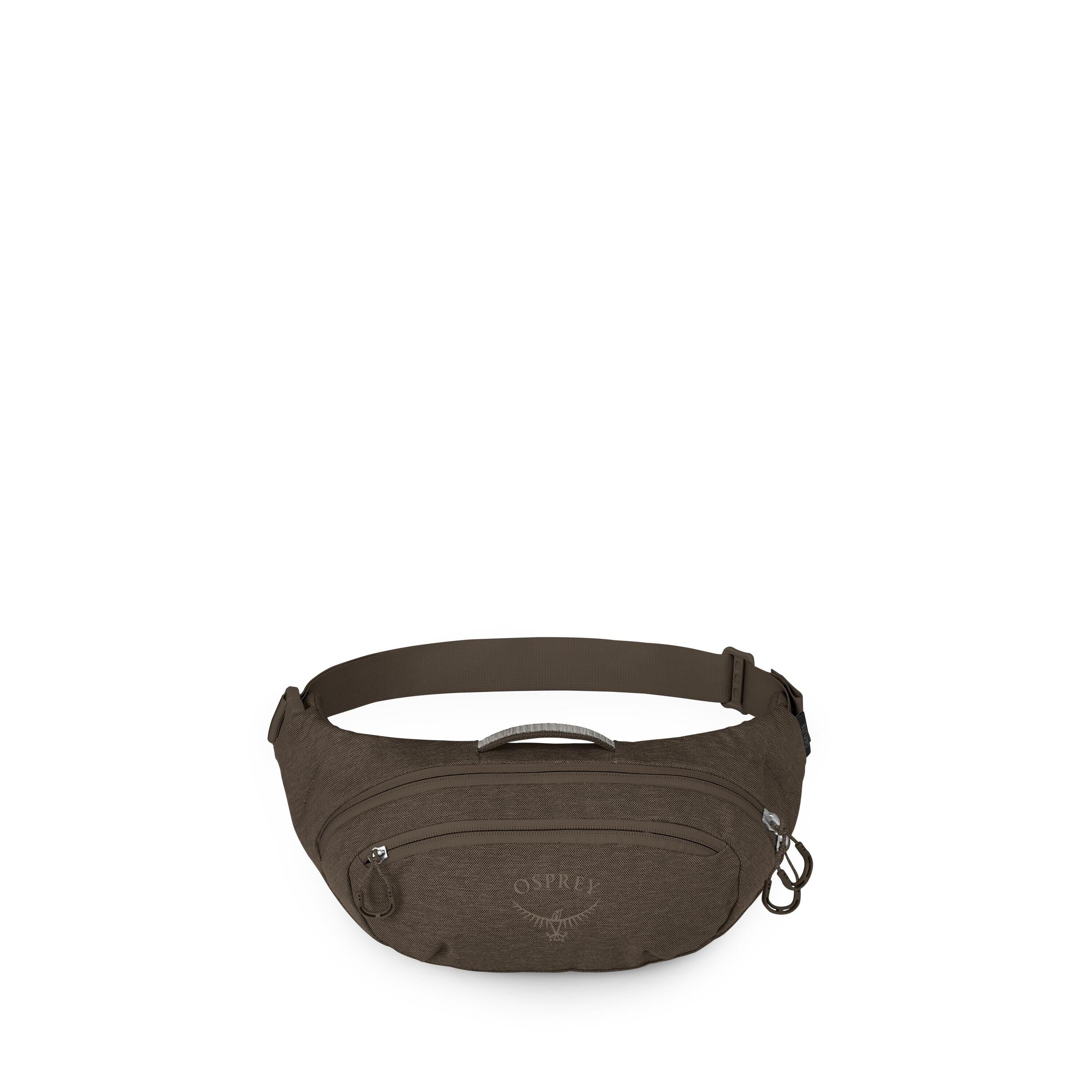 The images show a compact Osprey waist pack, often called a fanny pack, in a dark olive color. It features a main zip compartment, a smaller front zip pocket with the Osprey logo below, and a sturdy top grab handle. An adjustable webbing belt with a side-