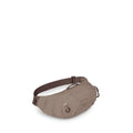 A compact beige waist pack with brown accents is shown from multiple angles, highlighting its features. The front has two zippered compartments with pulls and subtle Osprey branding. An adjustable brown strap with a buckle wraps around the back, and small