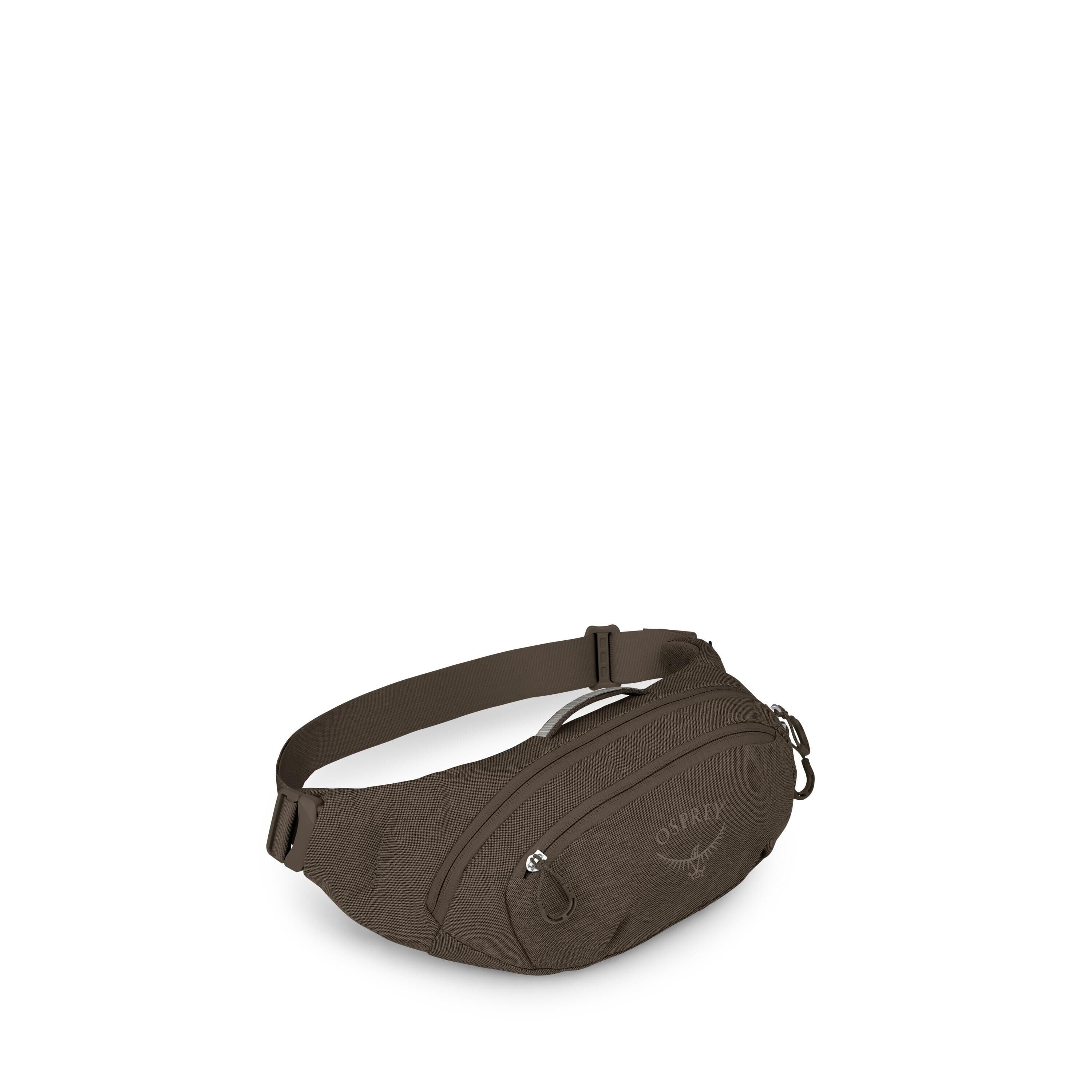 The images show a compact waist pack, often called a fanny pack, in a dark olive-brown color. It has an adjustable webbing belt with a side-release buckle and several zippered compartments, including a front pocket with the Osprey logo. Close-up angles hi