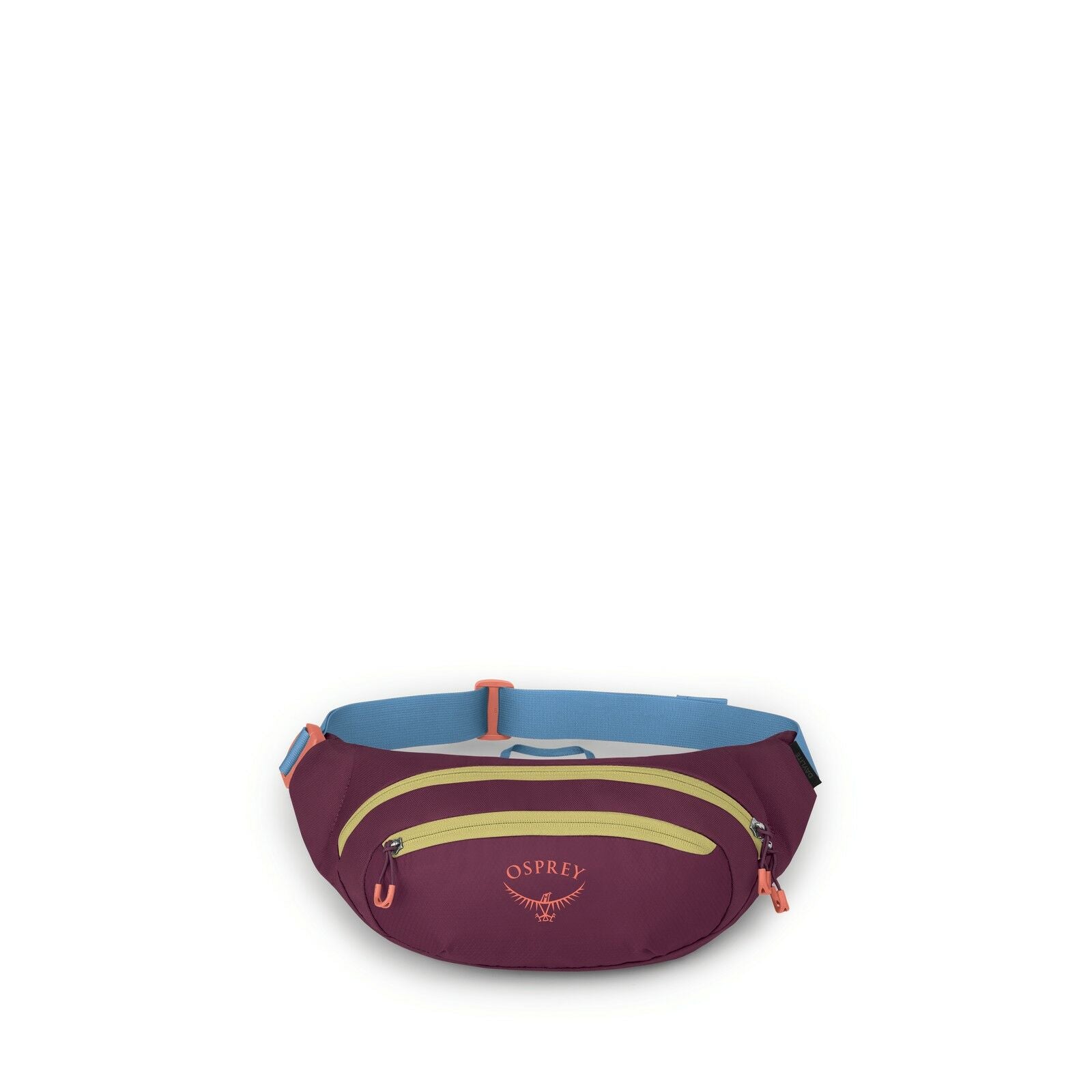 The image shows a small waist pack designed by Osprey, primarily in a burgundy color. It features a front zipper compartment highlighted by a contrasting orange zipper and a lighter green strip across the front. The back of the pack has a light blue waist