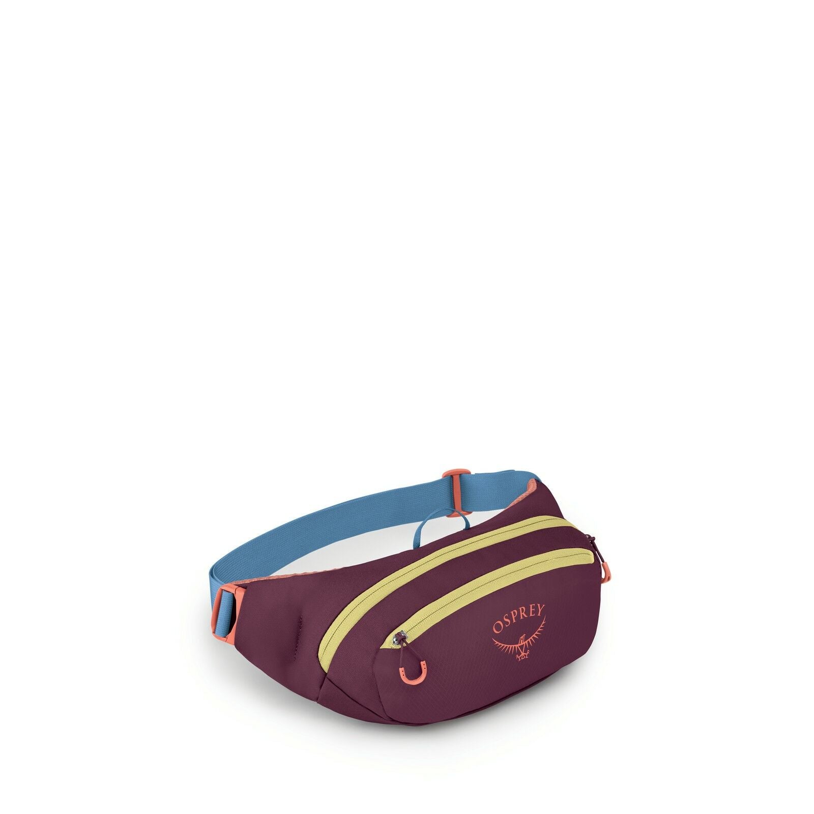 The image shows a compact, stylish Osprey waist pack, primarily in a deep maroon color with light blue and lime green accents. The bag features two zippered compartments, each with lime green zippers, providing practical storage space. The Osprey logo is