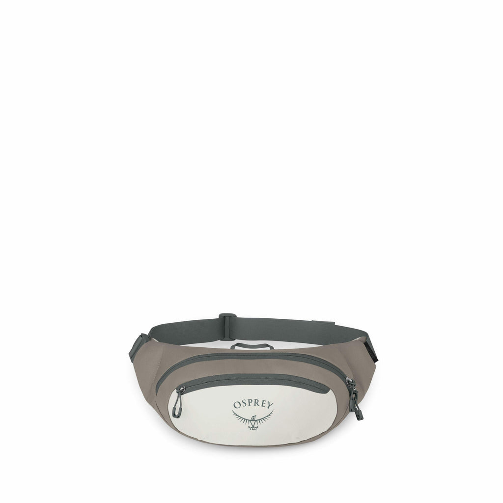 The image series features a gray and white Osprey waist bag, also known as a fanny pack, displayed from various angles, seemingly in a 360-degree view. The bag has a prominent Osprey logo on the front, featuring an illustration of an osprey bird. There ar