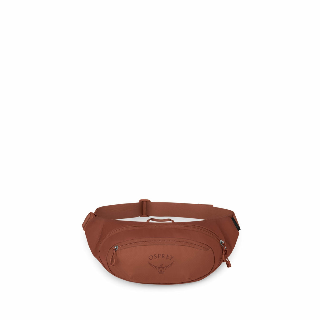 The images showcase an Osprey waist bag in a rich brownish-red color, featuring multiple zippered compartments for storage. The bag has an adjustable strap designed to be worn around the waist, providing convenience and comfort. The front of the bag promi