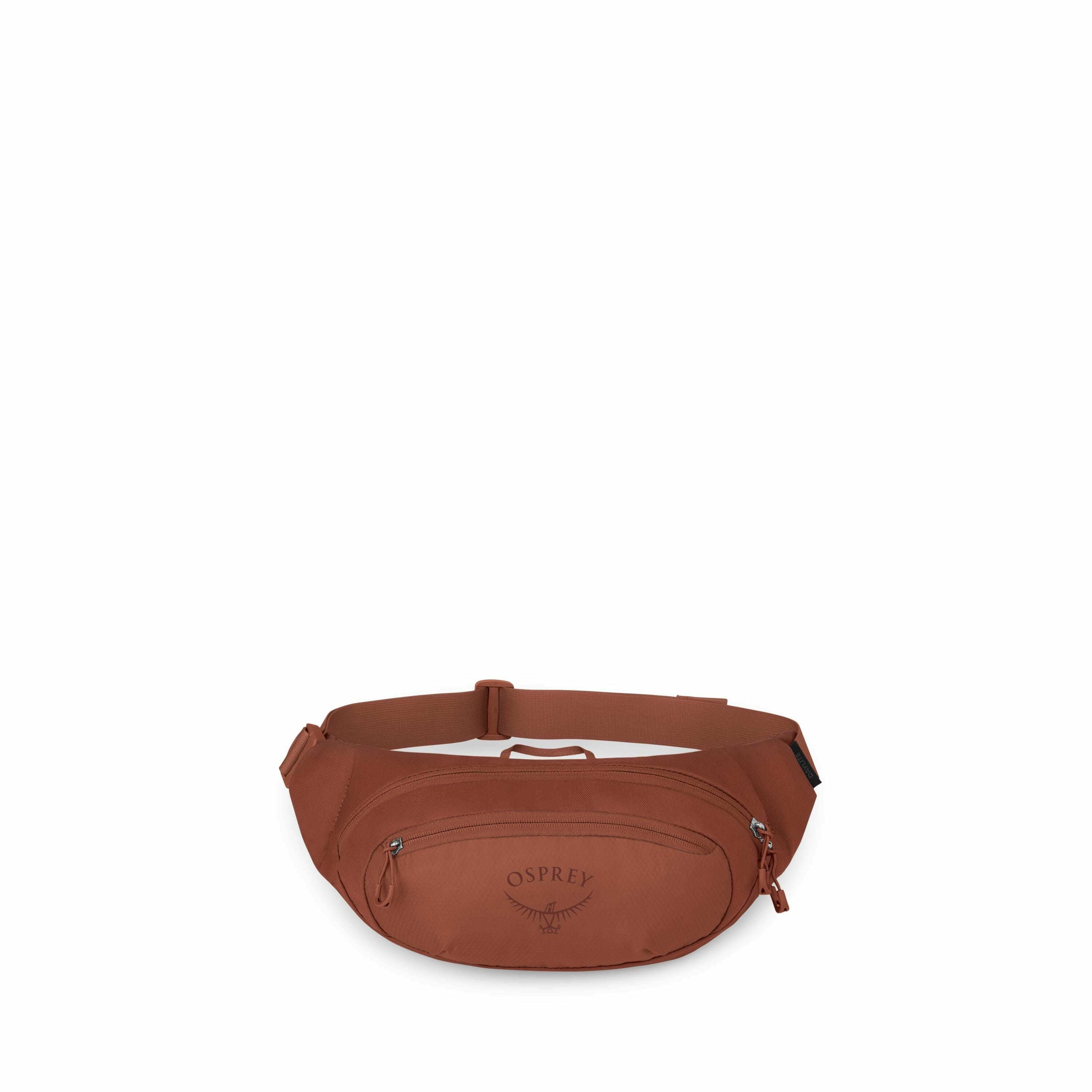 The images showcase an Osprey waist bag in a rich brownish-red color, featuring multiple zippered compartments for storage. The bag has an adjustable strap designed to be worn around the waist, providing convenience and comfort. The front of the bag promi