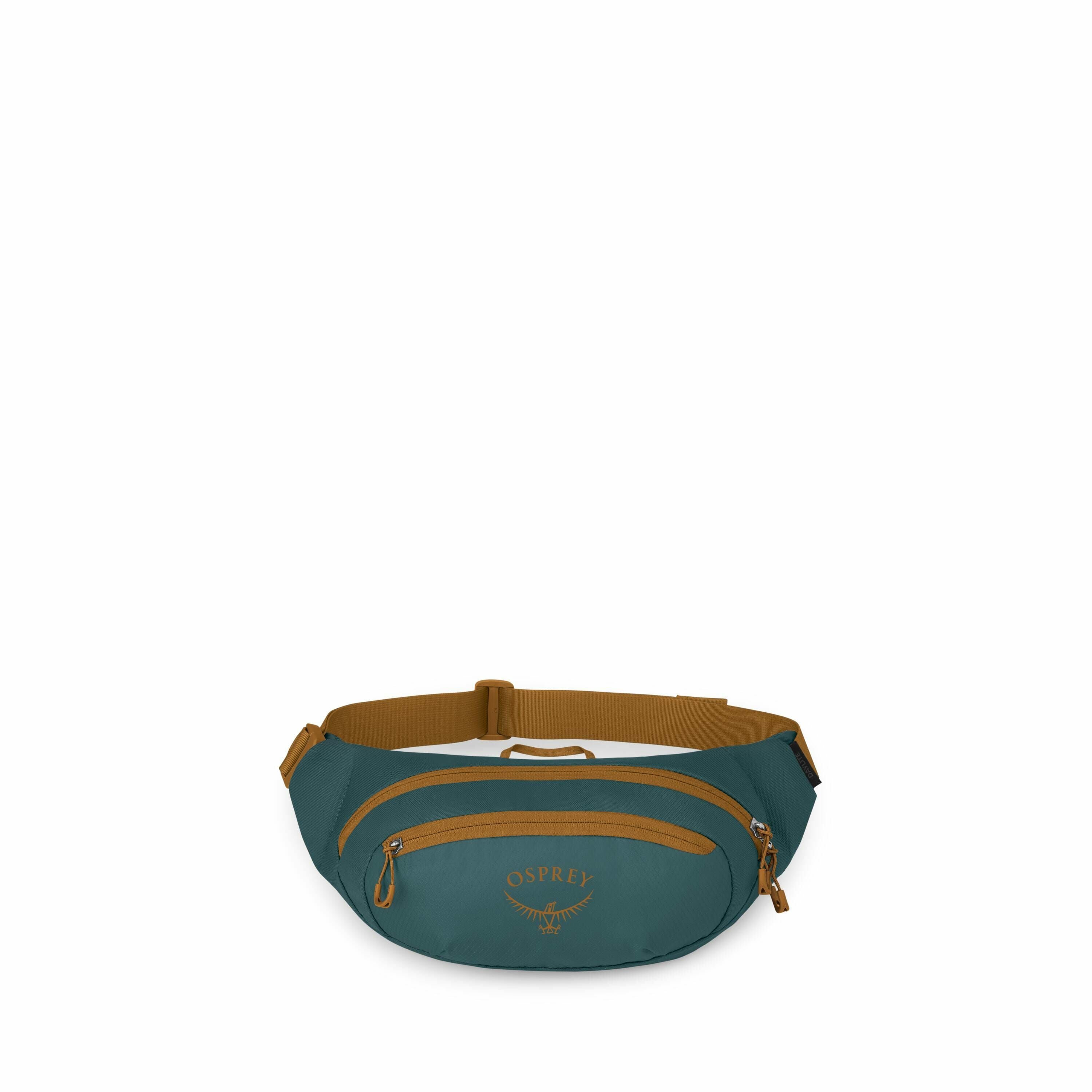 The image showcases a teal-colored waist pack, commonly known as a fanny pack, with tan accents and straps. The brand name "Osprey" is prominently displayed on the front, accompanied by their distinctive bird logo. The pack features multiple zippered comp