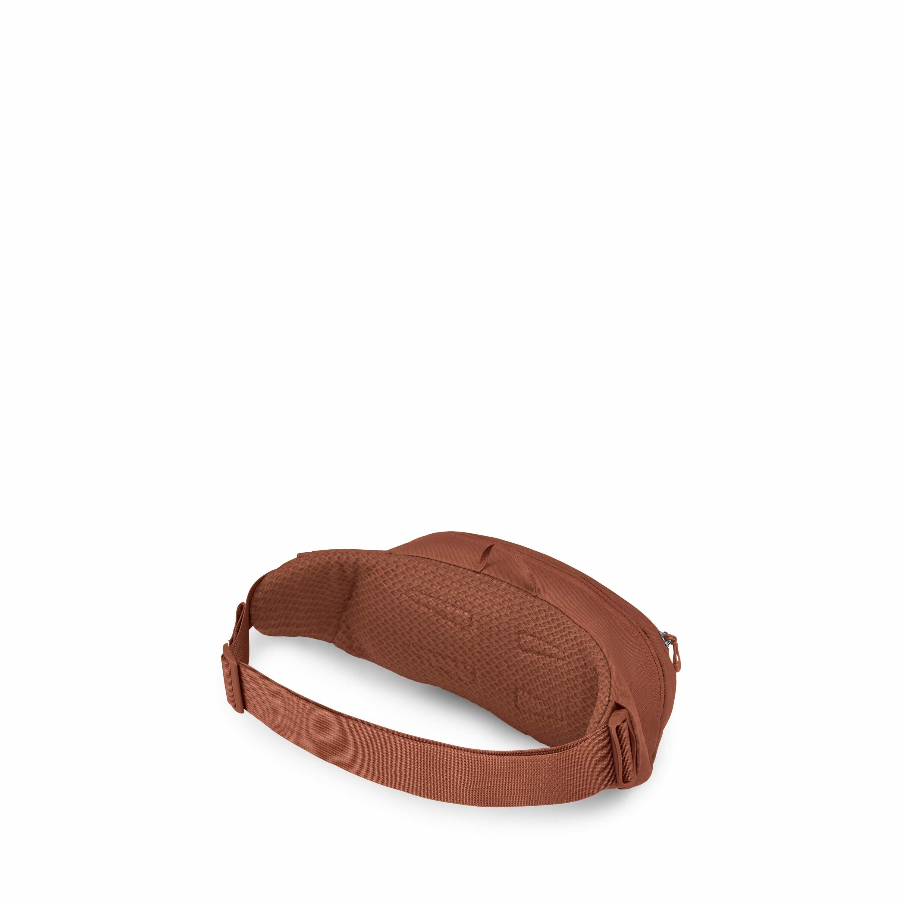 The image sequence shows a small, brown sling bag from various angles and deconstructed views. The bag is made from a textured fabric, featuring a main compartment with a zip closure. It includes an adjustable strap with a buckle for easy fastening. One o