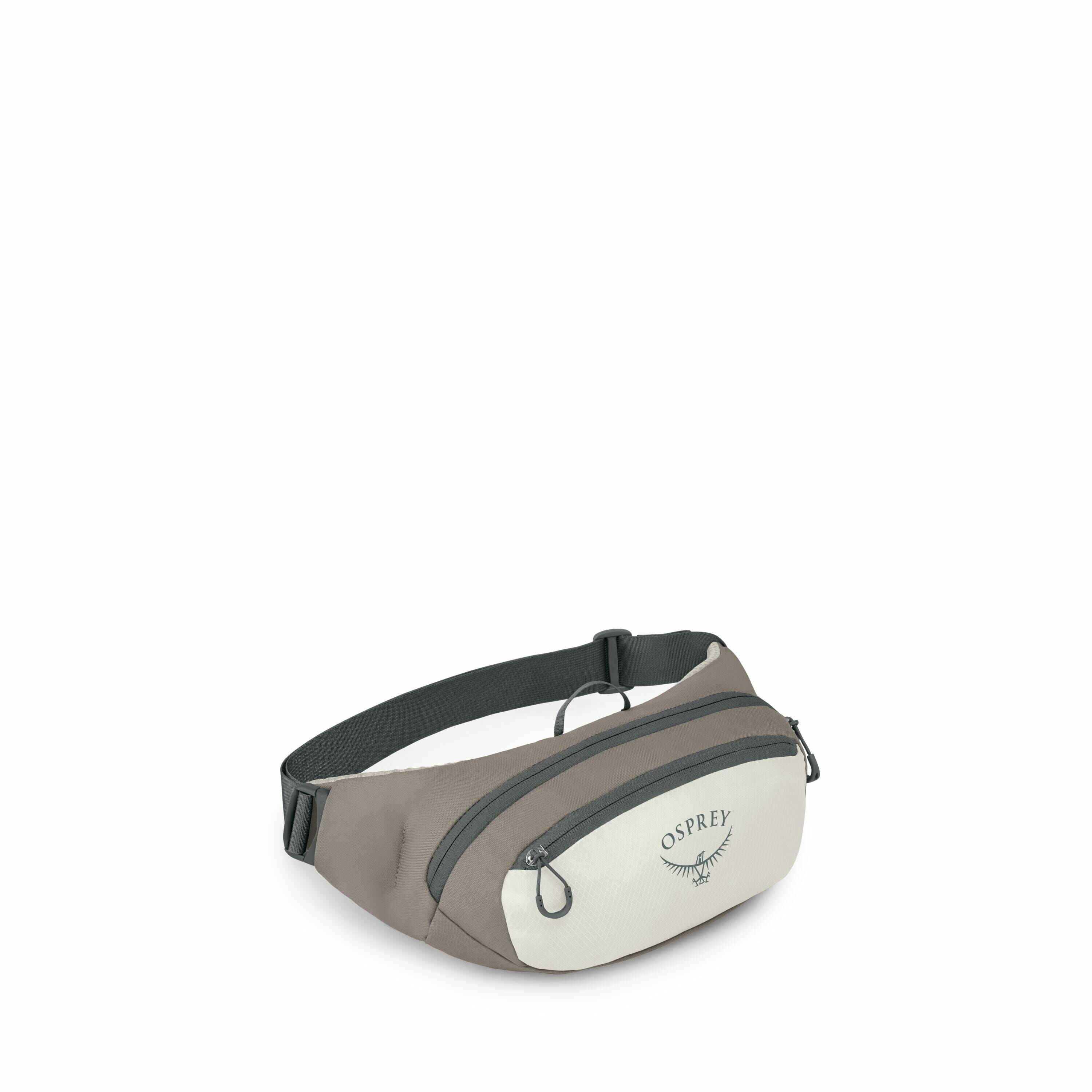 The image features an Osprey waist pack, commonly known as a fanny pack. It is predominantly in shades of light gray and off-white, with the Osprey logo prominently displayed on the front pocket. The pack includes multiple compartments with zippers, each