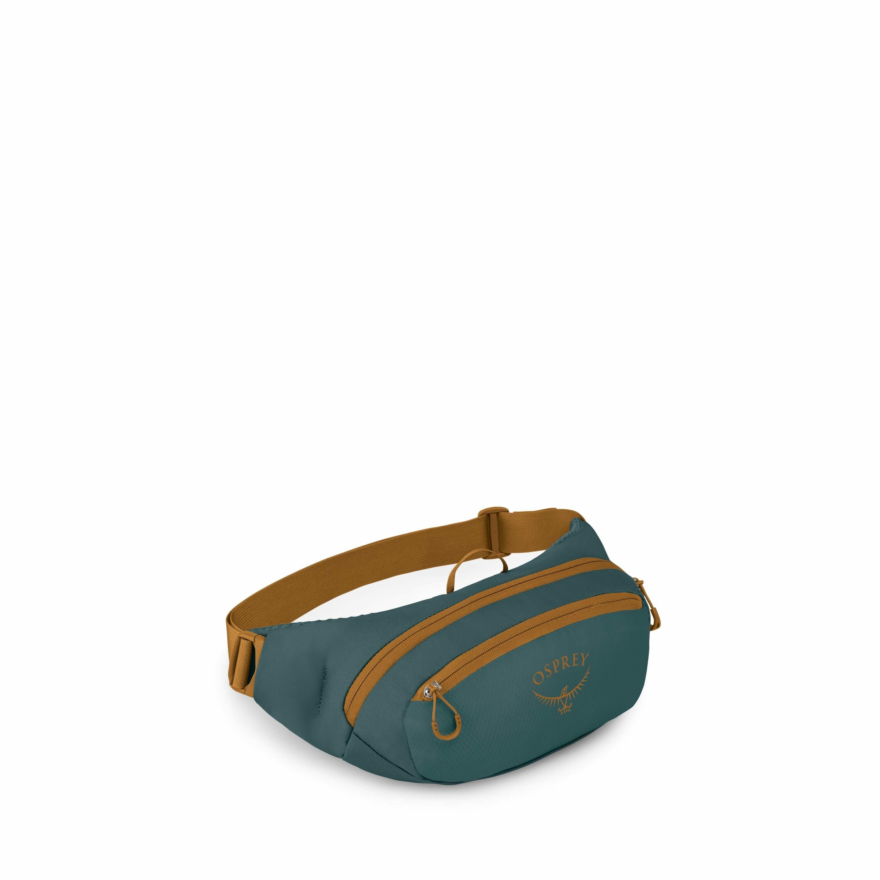 The image features a stylish waist bag, predominantly teal with contrasting brown accents. It has a sleek and modern design, with the Osprey logo clearly visible on the front, highlighting the brand. The waist bag includes two zippered compartments for st