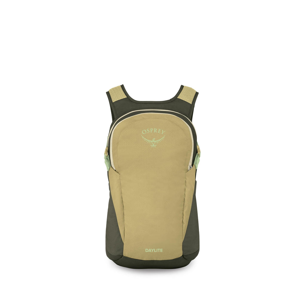 A compact Osprey Daylite backpack is shown in front view, featuring a two-tone green color scheme with light olive panels and darker forest green sides and straps. The Osprey logo and the word "DAYLITE" are printed on the front in a pale green.