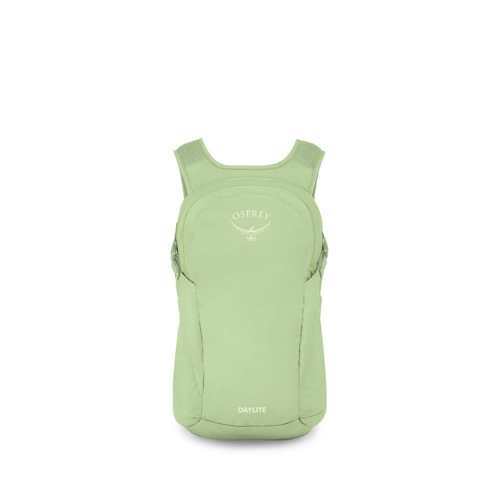 The images show a small Osprey Daylite backpack in a bright light-green color. One view presents the full front of the pack with the Osprey logo and "DAYLITE" text visible. Additional frames appear to isolate and display individual components of the pack,