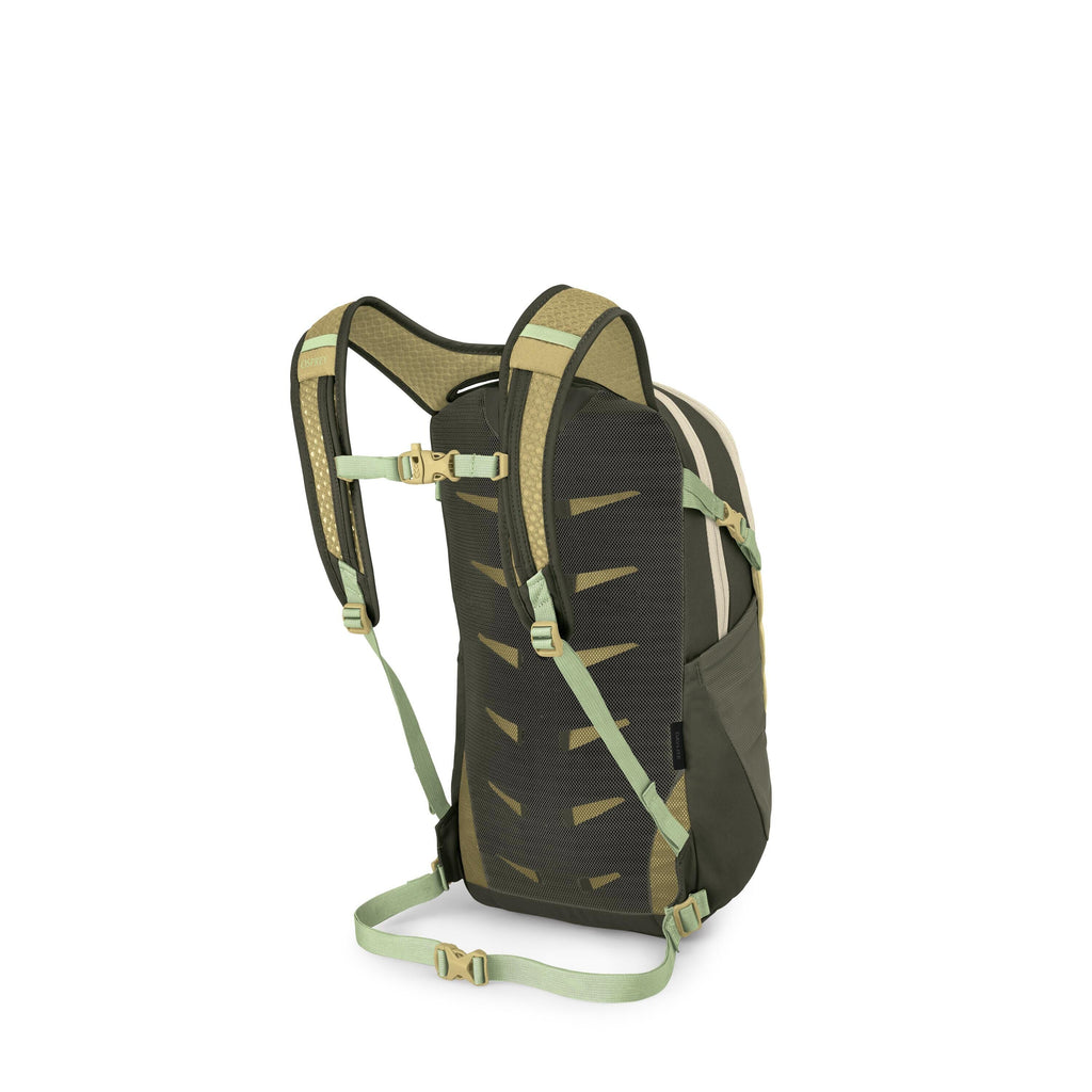 The images show a green hiking backpack viewed from the back, along with several exploded views of its components. The main shot highlights padded shoulder straps, a breathable back panel with triangular ventilation cutouts, and adjustable sternum and wai