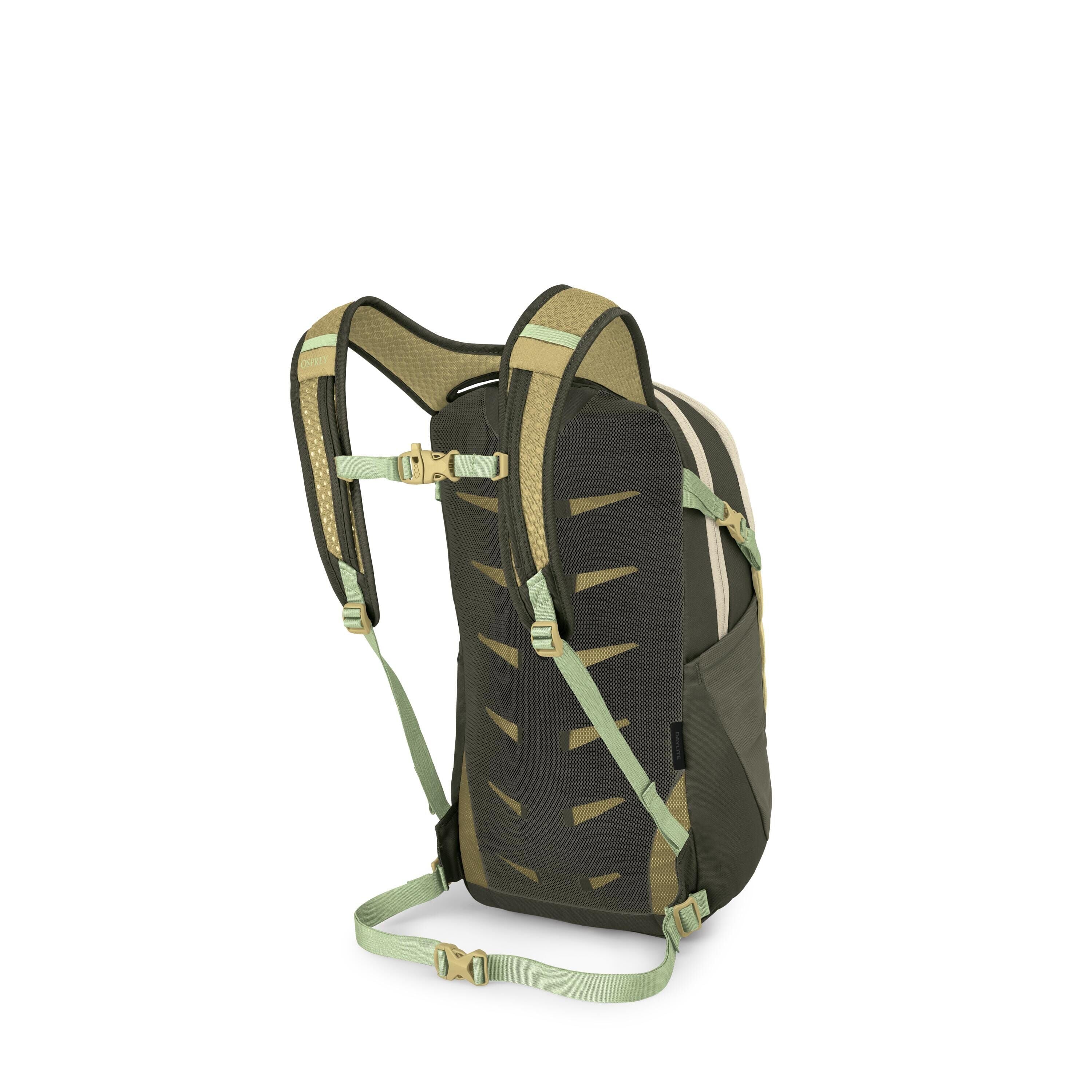 The images show a green hiking backpack viewed from the back, along with several exploded views of its components. The main shot highlights padded shoulder straps, a breathable back panel with triangular ventilation cutouts, and adjustable sternum and wai